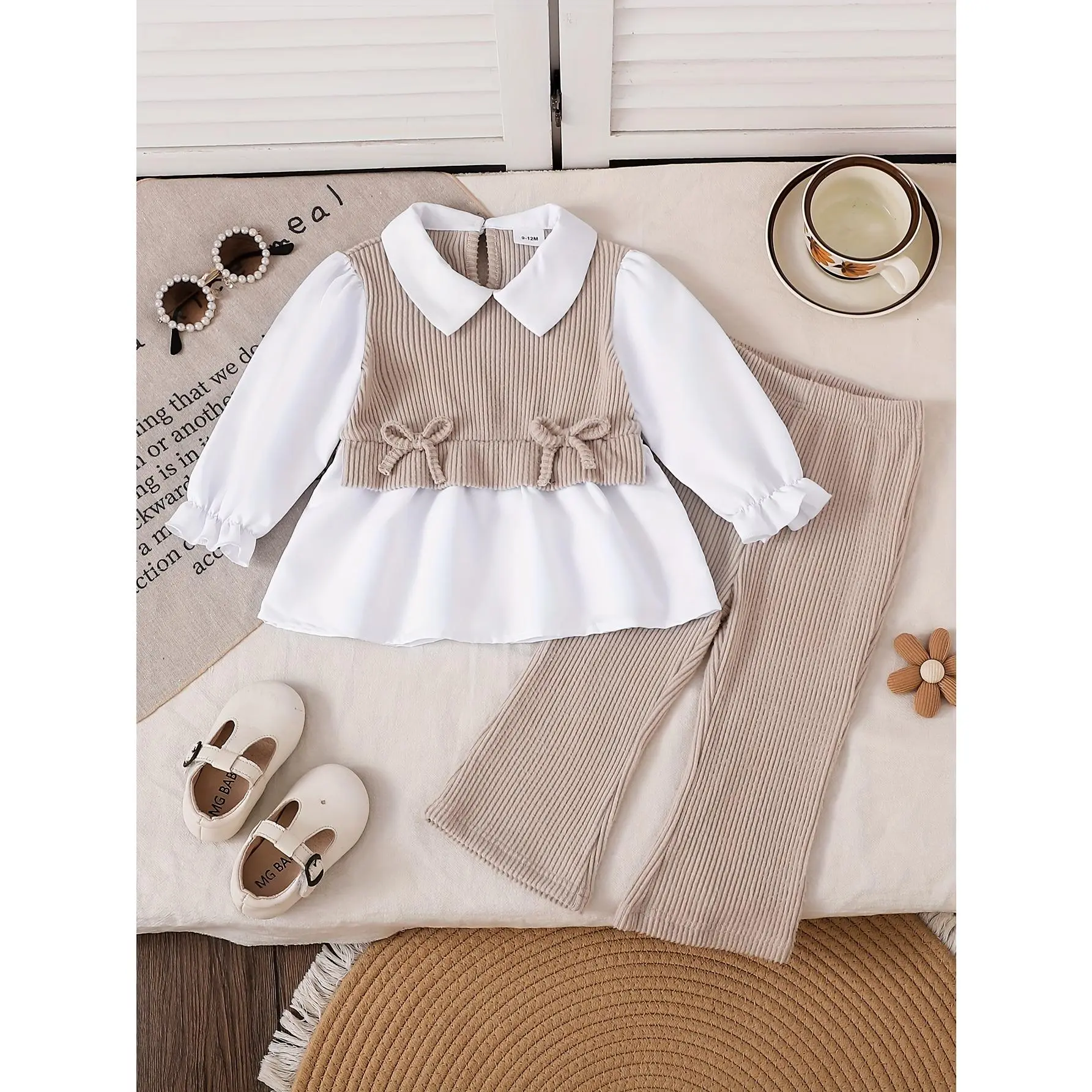 Girl's Preppy Style Set: White Shirt, Khaki Vest + Matching Trousers with Doll Collar + Bow Design, Sweet and Delicate.Perfect for Kindergarten Activities, Birthday Parties, or Daily Outings.Instantly Transforms Your Little One into an Elegant