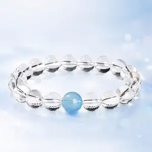 10mm Clear Quartz Beaded Bracelet with Single Aquamarine Accent Bead, Minimalist Healing Crystal Energy Jewelry, Smooth Polished Round Crystal Bead Wrist Bracelet, Unisex Daily Stackable Gemstone Accessory for Women Men, Ideal Holiday Birthday Gift