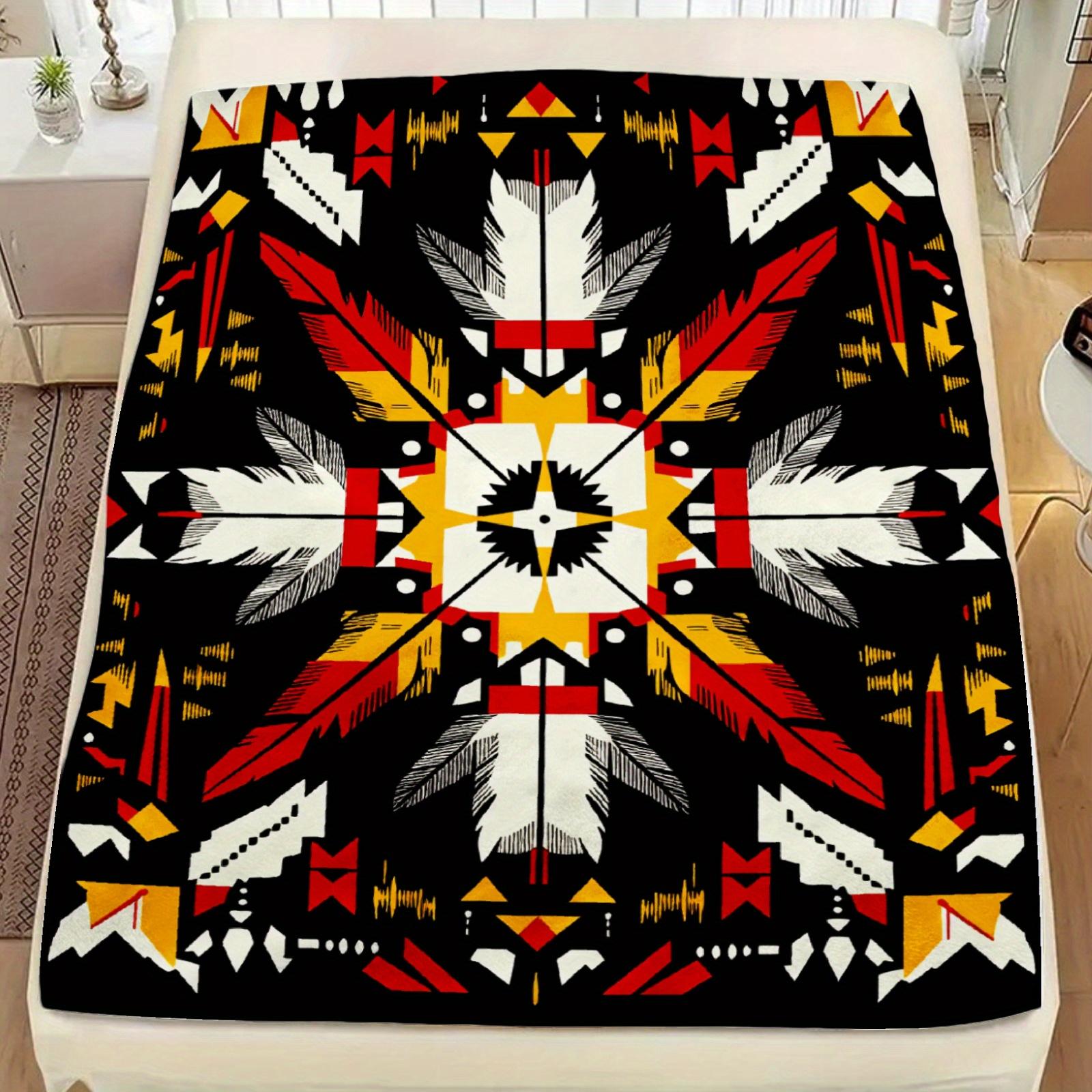 A Single Piece of a Soft And Lightweight Tribal Geometric Blanket Featuring a Southwestern Design in Black, Red, White, Gray, Beige, And Golden Brown. Suitable for All Seasons And Can Be Used on Sofas, Beds, During Camping
