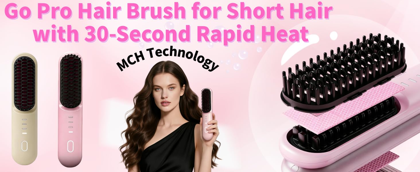 Go Pro Hair Brush for Hair, Hair Straightener Brush & Thick Curly Hair,4000mAh Cordless 2026 Go Brush Pro, 30s Rapid Heating, 4 Temp Settings (140-200°C), Ionic Comb (Pink)