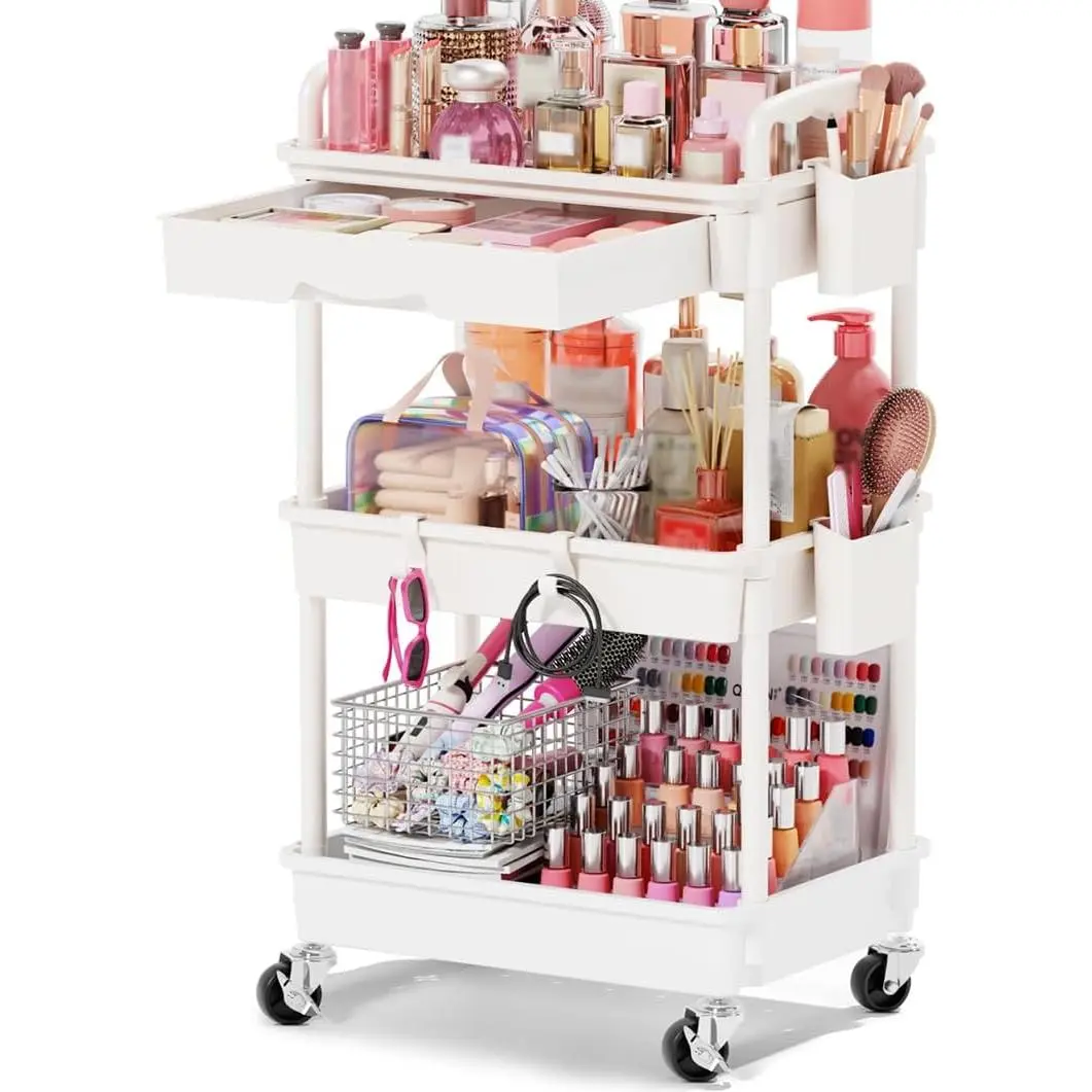 Rolling Makeup Organizer Cart with Removable Drawer, 3 Tier  White Floor Skincare Storage Cart for ,  Display,  Polish, Perfume, Hair Stuff, Beauty, Bathroom(Plastic)