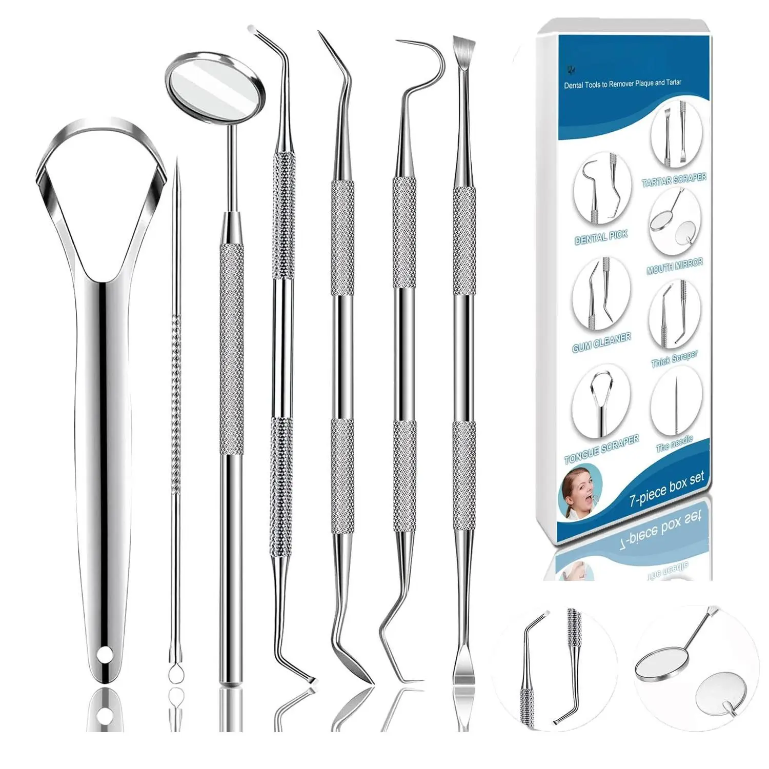 7Pcs Professional Dental Tools Kit, Stainless Steel Tooth Scraper Tartar Plaque Cleaner, Portable Oral Hygiene Dental Pick Tools with Storage Case, Personal Household Oral Care Set for Adults and Pets