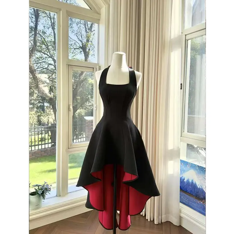 Turn Heads At Every Party, Women Elegant Halter Neck Black Contrast Red Irregular Hem Midi Dress, Slim Fit Flared Formal Evening Gown