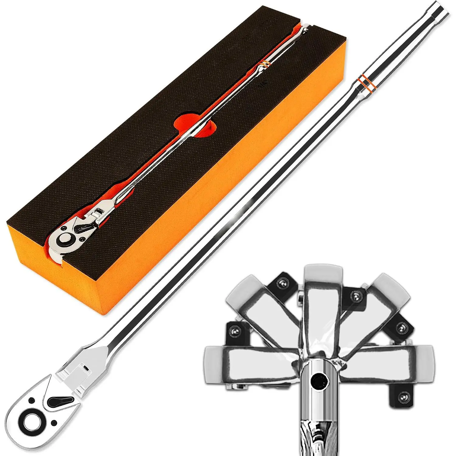1/4" Drive Extra Long Flex Head Ratchet 72-Tooth, 12 Inch Long, Socket Wrench Quick Release Reversible Design, Swivel Head Ratchet, Chrome Alloy Made, EVA Organizer