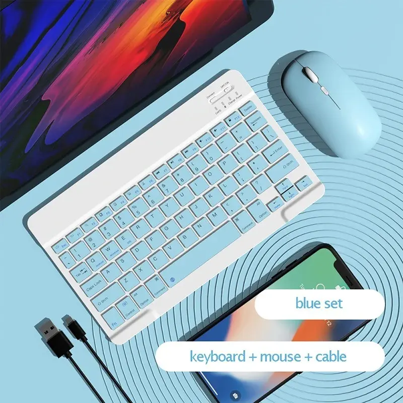 Portable Compact 10 Inch Wireless Rechargeable Keyboard Mouse, Compatible with iPad Air Pro, Xiaomi, Samsung Tablet, Rechargeable Keyboard with free Mouse