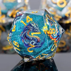 Dragon Pattern Liquid Core DND Dice Set, 7Pcs Sharp Edge Dice with Gift Box, Resin Blue Dungeons Dragons D and D Role Playing Dice D20 D12 D10 D8 D6 D4