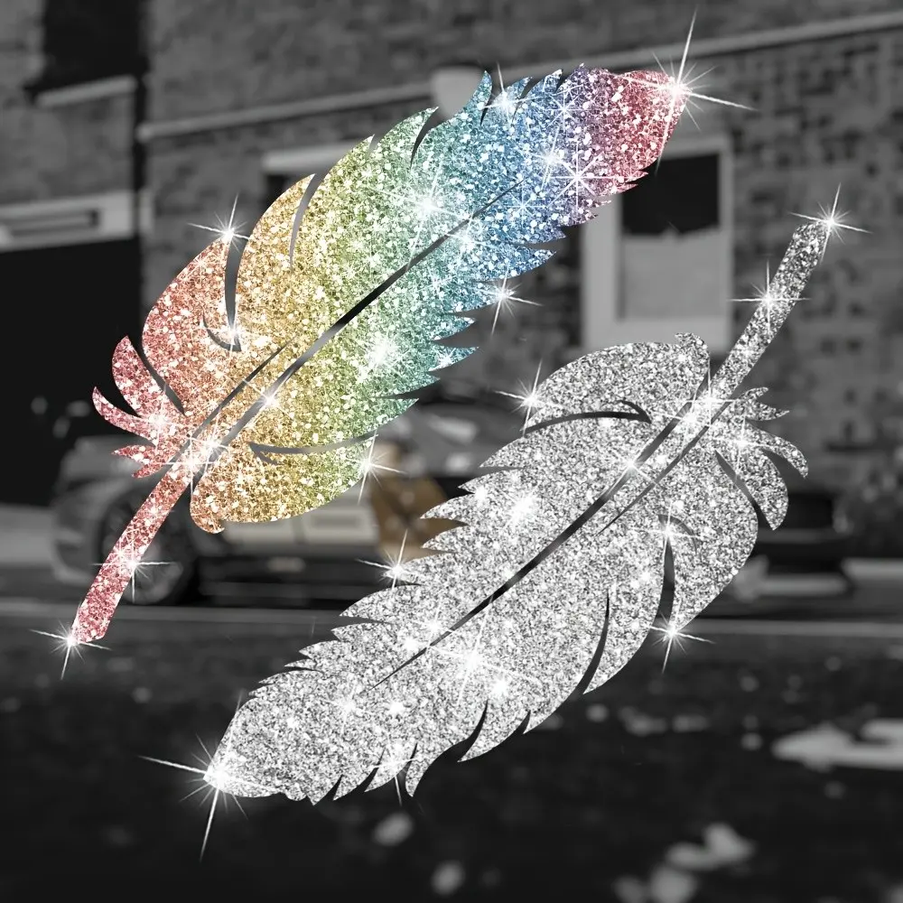 2pcs Shiny Feather Car Stickers With Bright And Shiny Design Stickers Suitable For Decoration Such As Cars Motorcycles Walls Laptops Etc Easy To Tear And Stick Without Residue