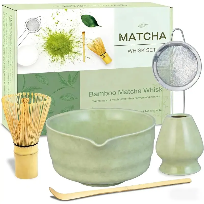 Matcha Whisk Set, Ceramic Matcha Bowl with Spout, Bamboo Whisk, Chasen Holder, Sifter, Traditional Scoop, Complete Tea Making Kit for Matcha Lovers, Beginner Starter Gifts for Women Men