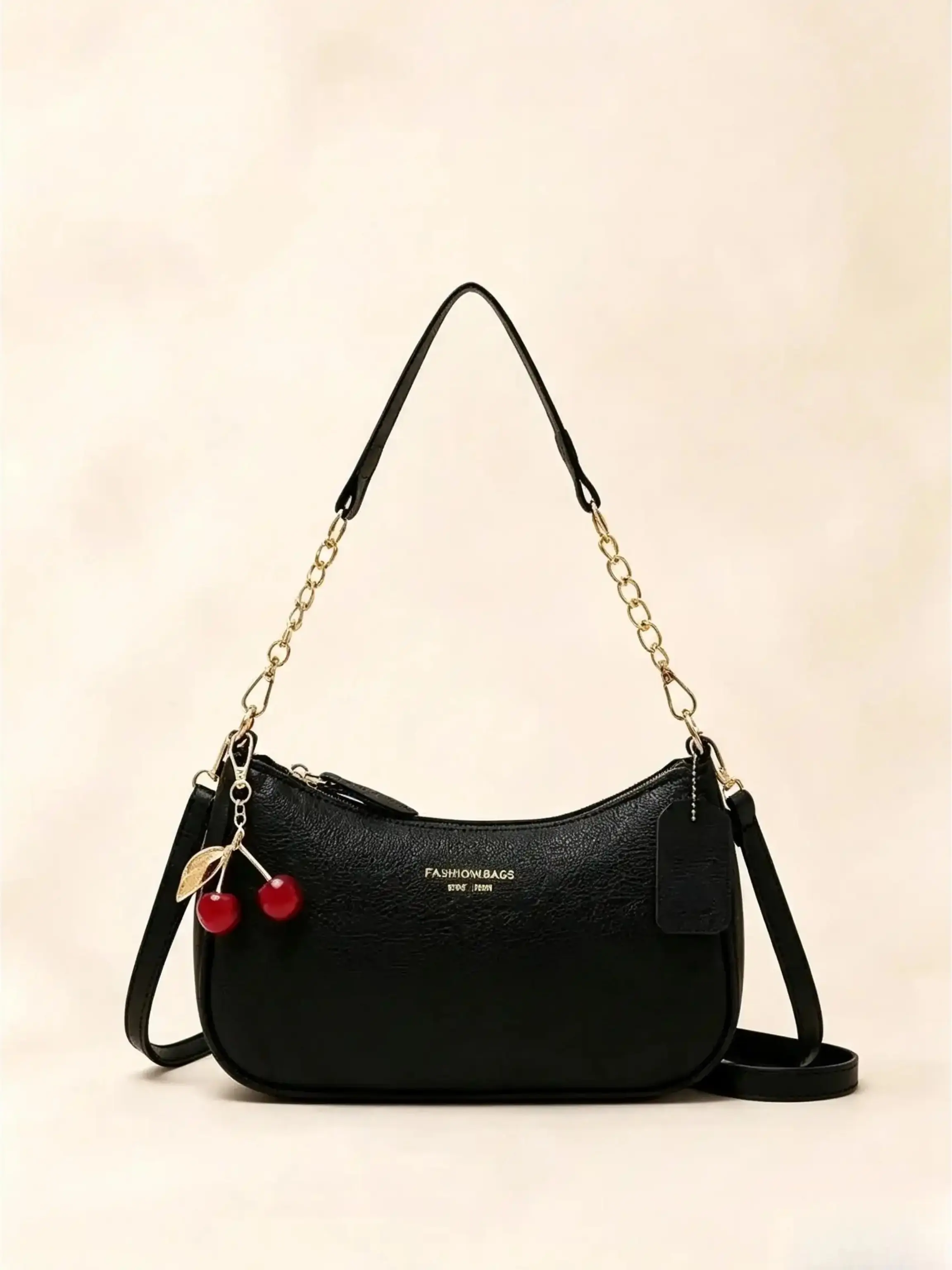 Pebbled Faux Leather Crossbody Bag for Women, Cute Mini Baguette with Adjustable & Chain Straps, Cherry Charm - Casual Everyday Accessory, Accessories For Women, Everyday Bag, Handbags For Women