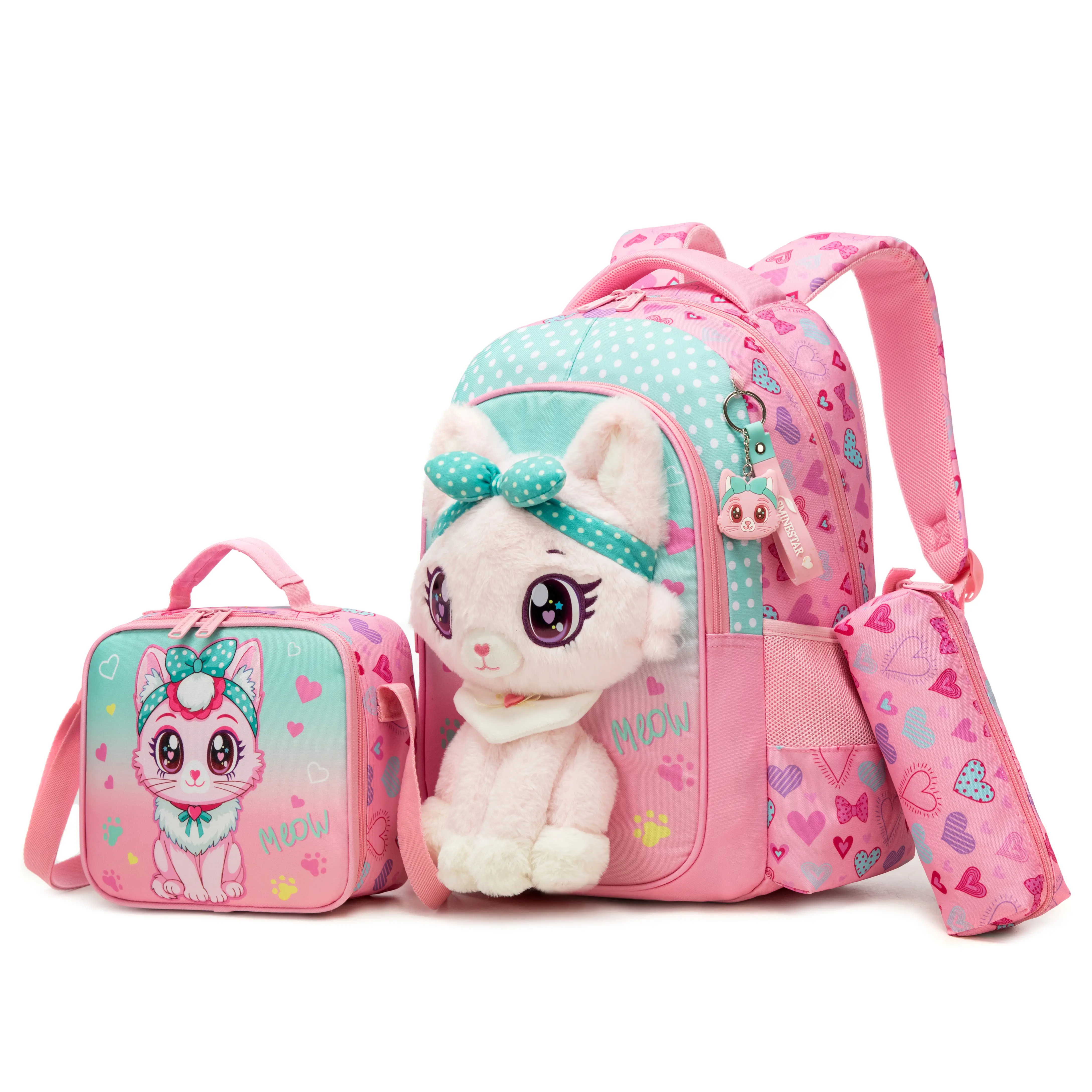 Cute Meow Cat Girls 3PCS School Set - Plush Cat Backpack, Lunch Bag & Pencil Case | Pink Heart Print Kids Bag Set