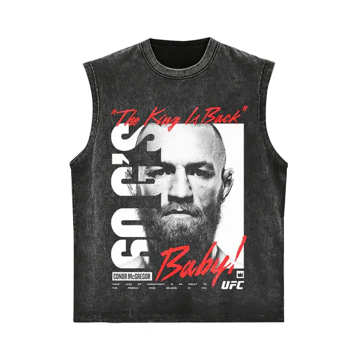 Conor McGregor "The King Is Back Baby" Slogan Split Vertical Portrait Graphic Vintage Washed Oversized Heavyweight Cotton Short Sleeve T-Shirt / Sleeveless Tank Top, Unisex MMA UFC Fight Fan Streetwear Apparel