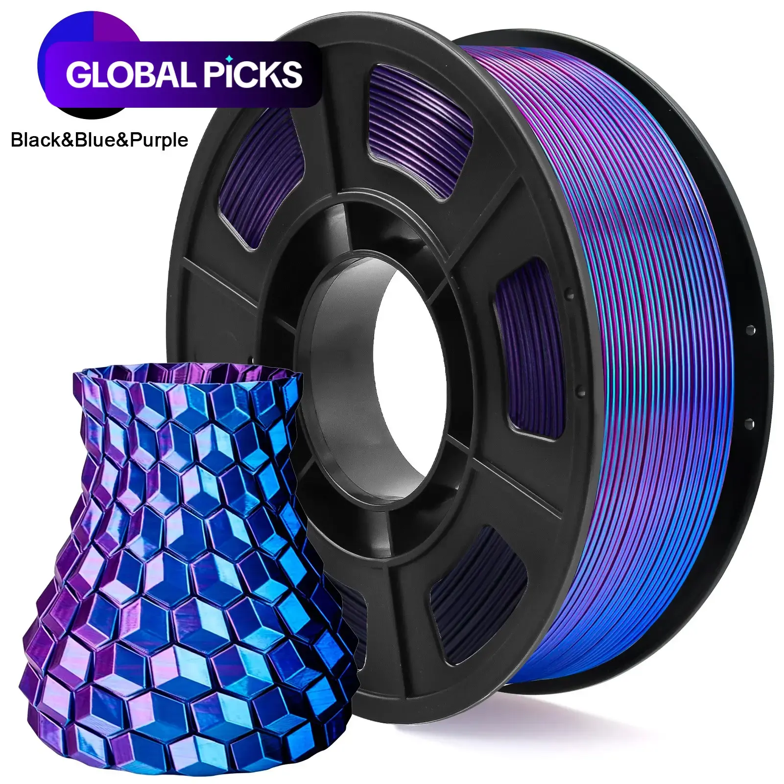 Silk PLA Tri‑Color 1.75 mm 3D Printer Filament, Coextrusion Blue/Purple/Black Metal‑Like Shiny Silk PLA, 250 g (0.55 lb) 1 Spool, Dimensional Accuracy ±0.03 mm #GLOBAL PICKS