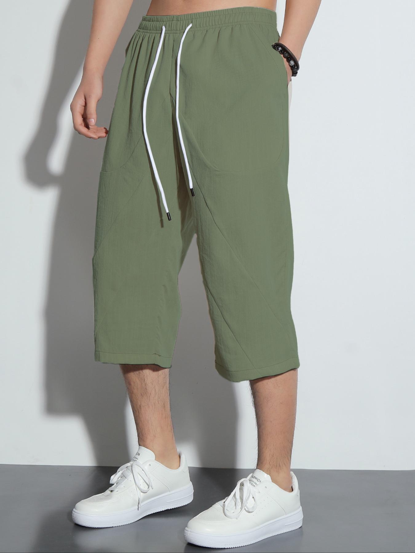 Men's Solid Color Drawstring Waist Capris Pants, Casual Lounge Pants, Regular Fit Casual Comfortable  Breathable Pocket Capri Pants for Summer, Fashion Men's Bottoms for Daily Wear