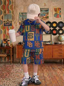 Boys Mesh Streetwear Set, Colorful US NYC Print T-Shirt & Shorts, 2-Piece Breathable Sportswear for Kids, Ideal for Summer & Play
