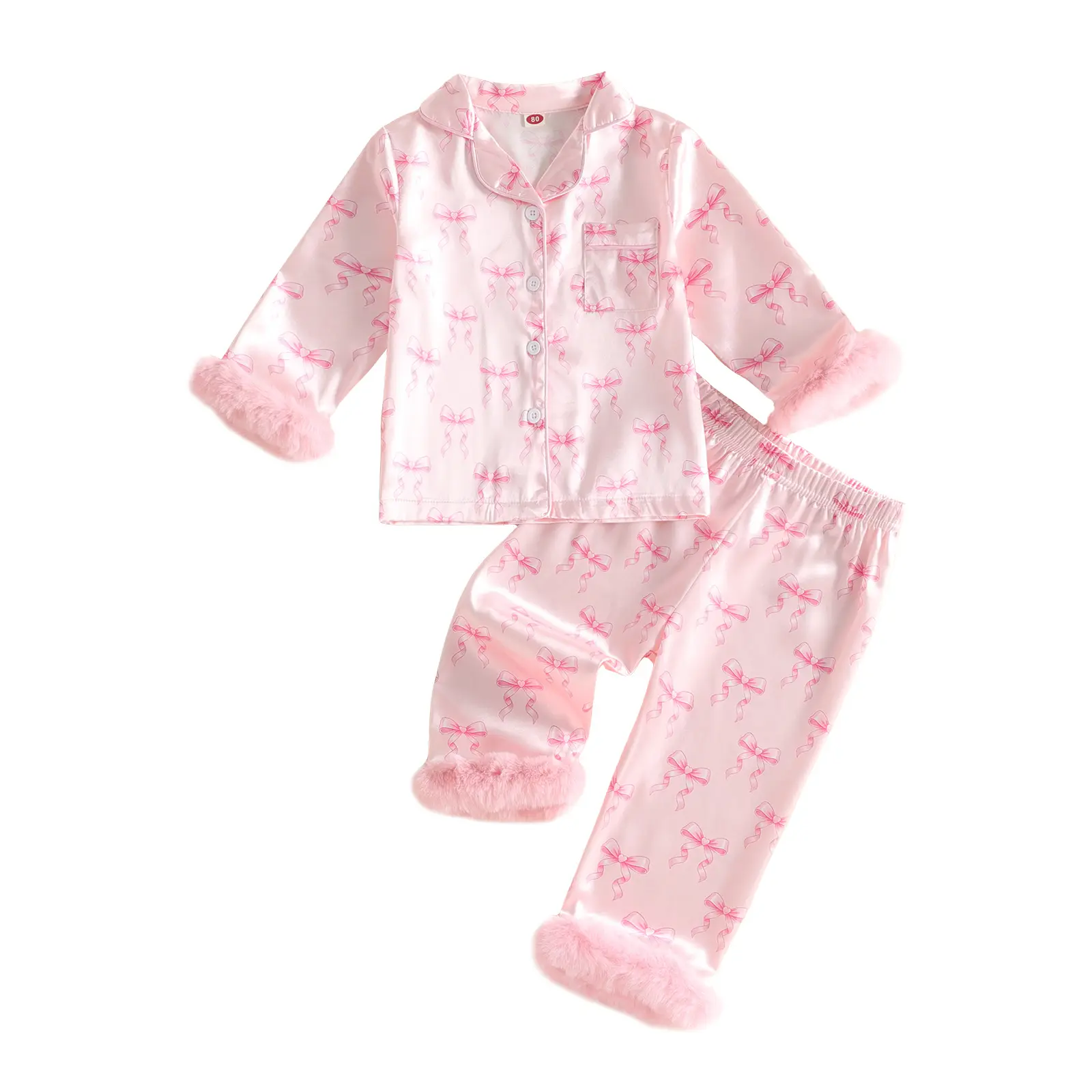 Toddler Baby Little Girl Satin Pajamas Set Bow Print Lapel Long Sleeve Tops Pants Set Fall Winter 1-5 Years