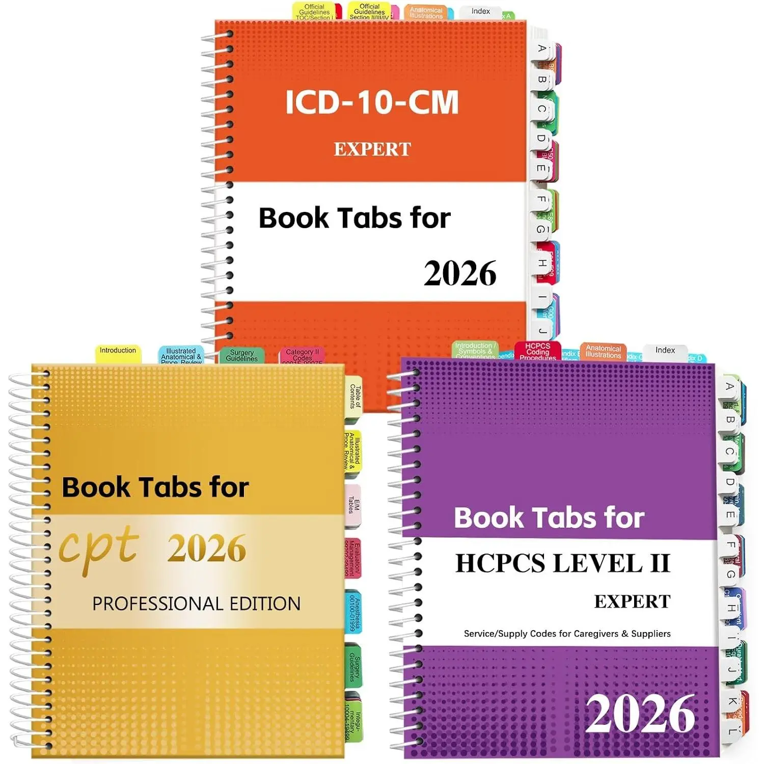 CPT, AAPC Version ICD-10-CM & HCPCS Level II 2026, 3 Set Bundle, Complete Book Tabs Set, Color-Coded with Code Ranges, Laminated & Waterproof & Repositionable