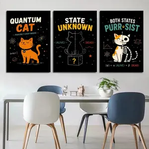 Cat Quantum Triptych Canvas Wall Art, Nerdy Science Print, Funny Decor for Home Office Bedroom, Available as Unframed Canvas Poster or Framed Canvas Wrap