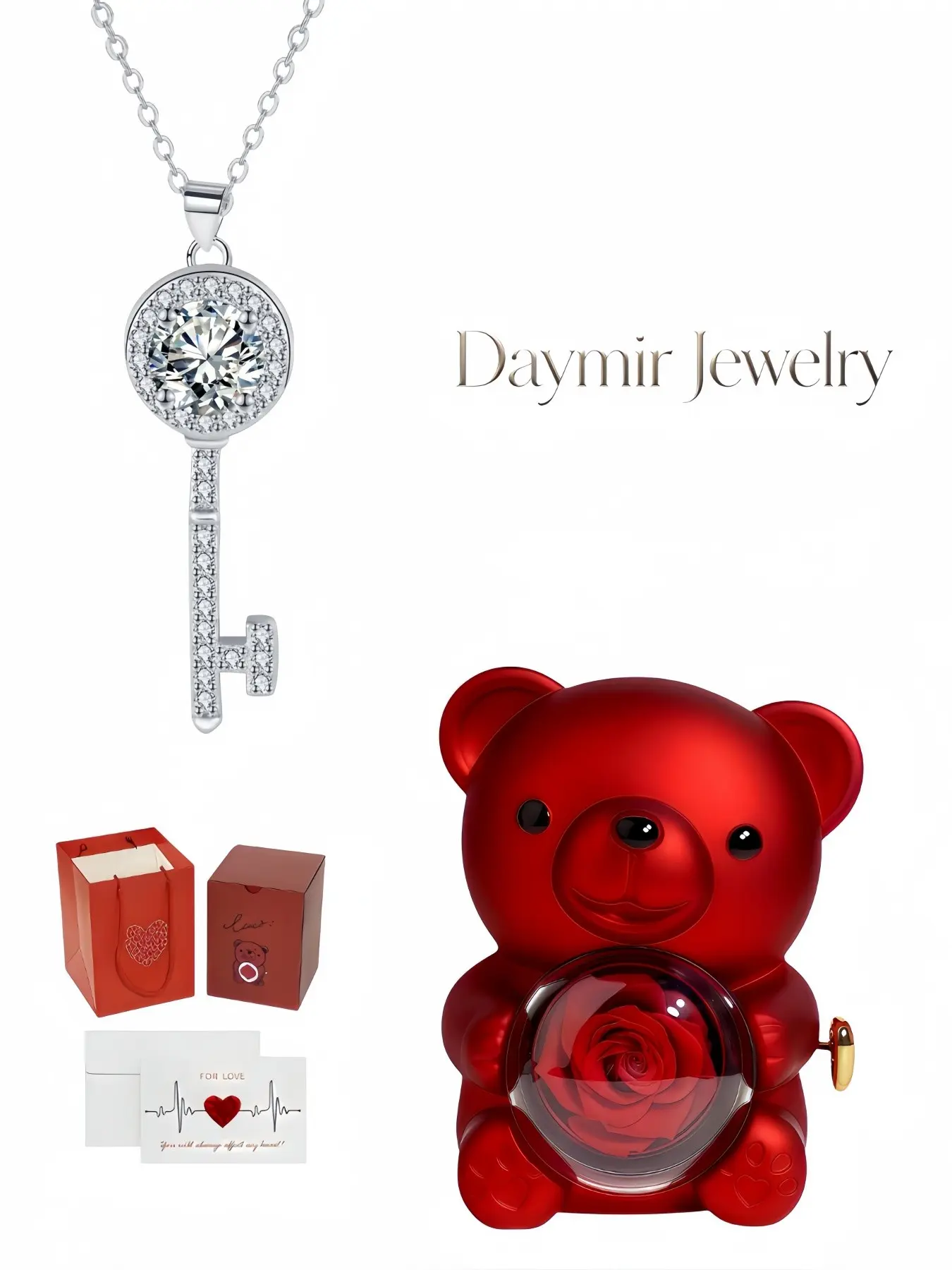 "Key of Diamond Heart", stylish premium inlaid treasure key gem necklace for dating couples, matched with lovely rotating rose bear jewelry box, a mysterious gift for birthdays, Mother’s Day, Valentine’s Day and Christmas.