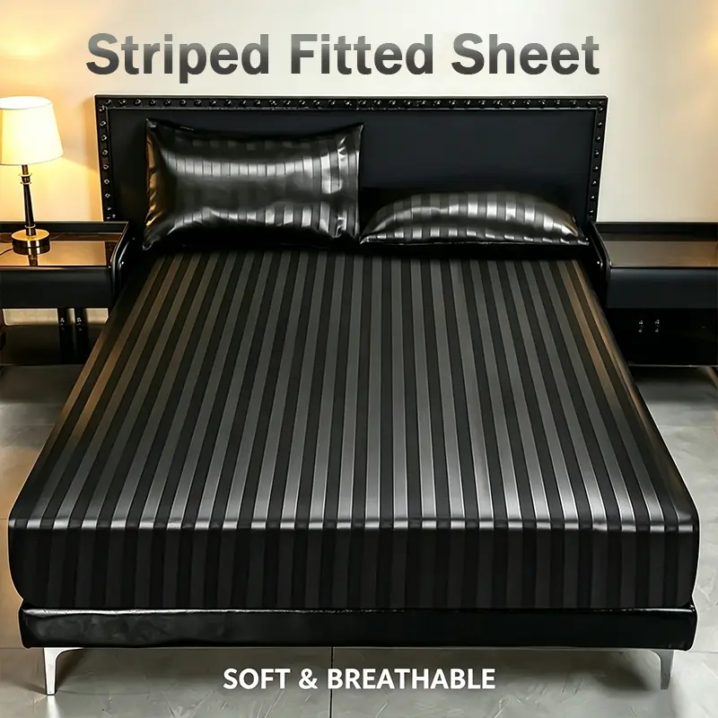 Viral Ice Silk Striped Fitted Sheet 3Pcs Set, Ultra Cool Silky Summer Breathable Soft Bedding Kit, Full Surround Elastic Stay Put Mattress Cover, Breathable Anti Slip Bed Sheets for All Mattress Sizes