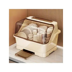 AYD [Cream Dish Drying Rack] Multi-Functional Cream Dish Drying Rack With Lid - Space Saving, Dust Proof Kitchen Storage Cabinet, Utensil Organiser With Drainage Plate