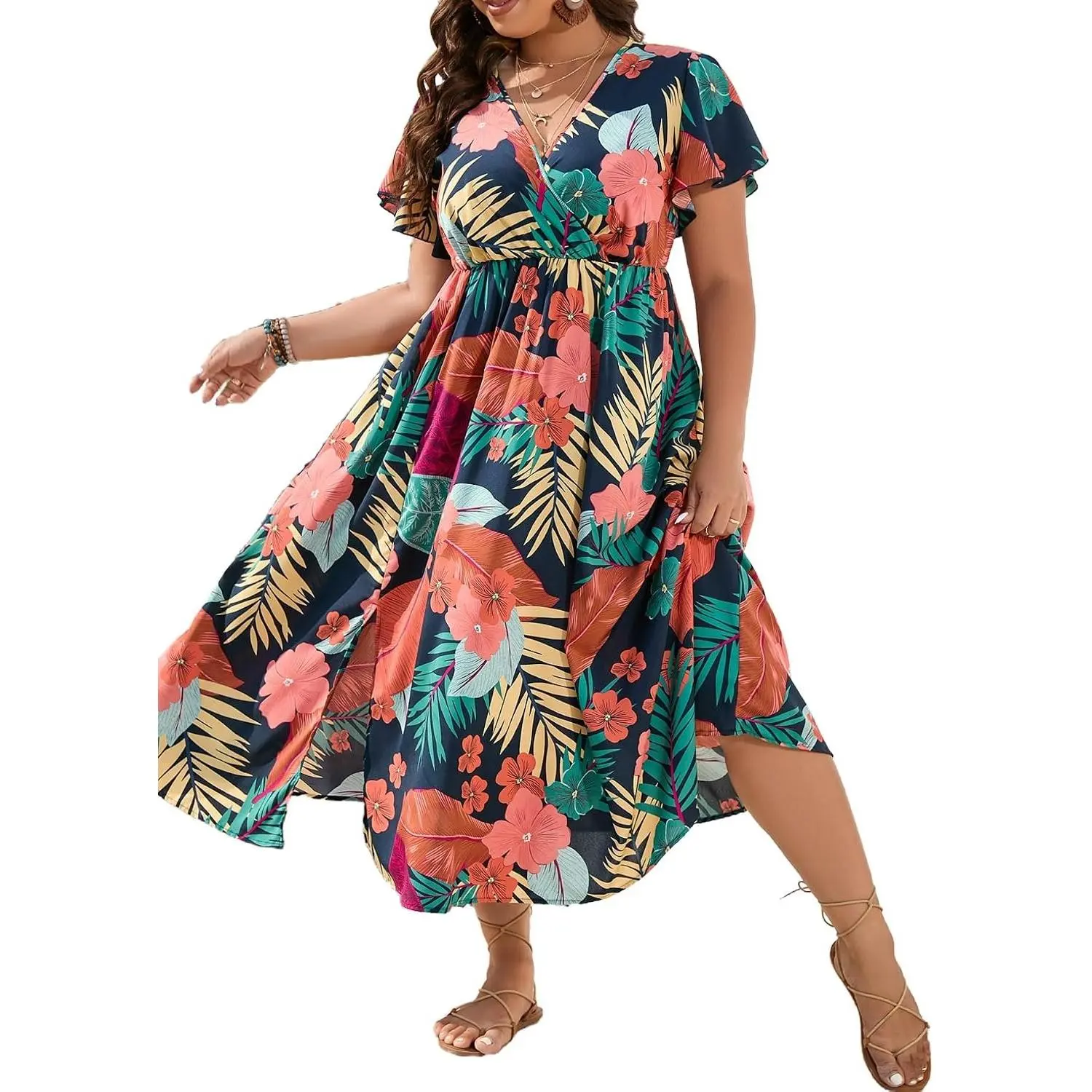 Women's Plus Size Boho Hawaiian Tropical Dresses V Neck Short Sleeve Floral A Line Long Dress Vacation Beach Outfits