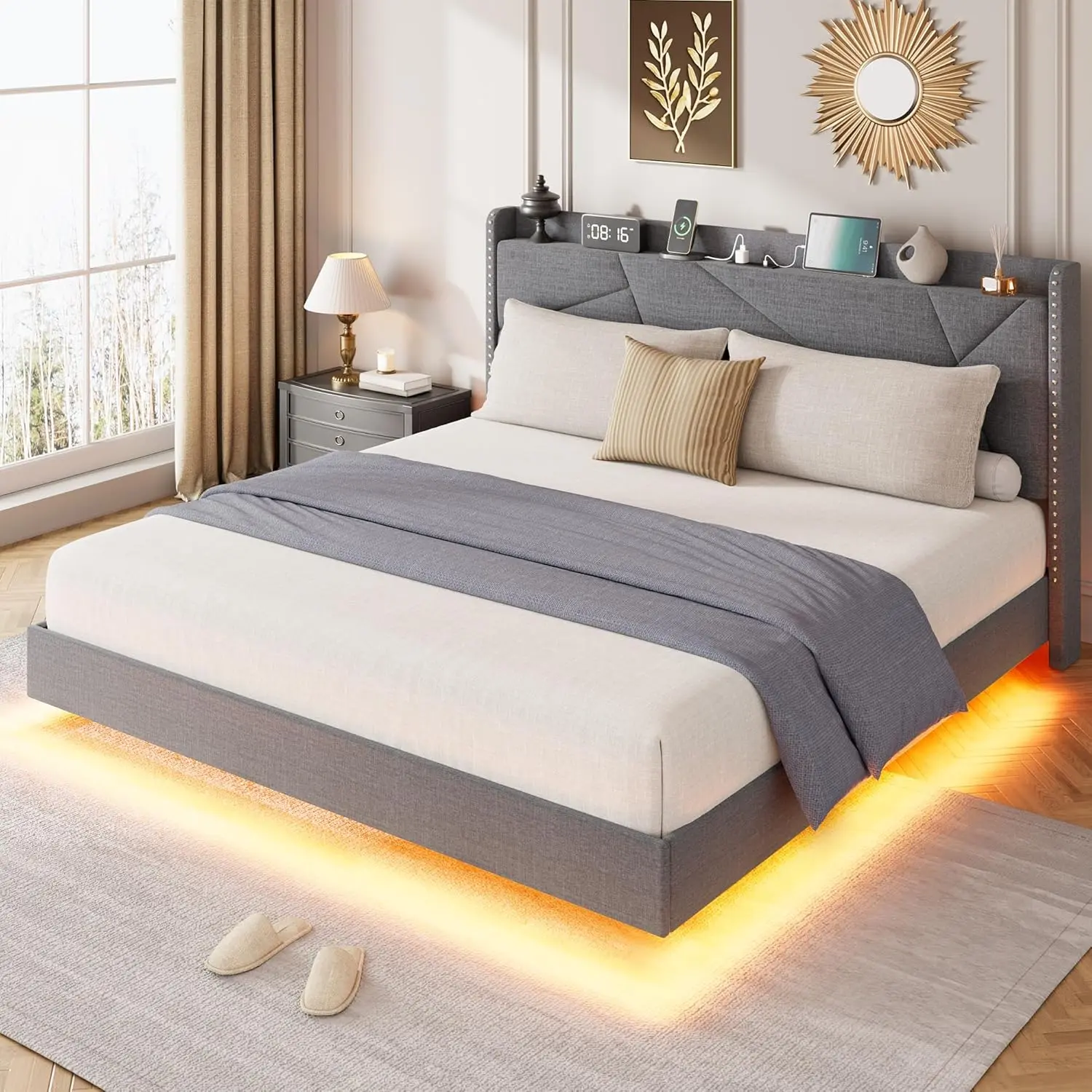 GARVEE Full Size Upholstered Floating Bed Frame with Adjustable Upholstered Headboard, RGB LED Lights, Charging Station, Suspended Storage, No Box Spring Needed, Grey, Full Size Bed