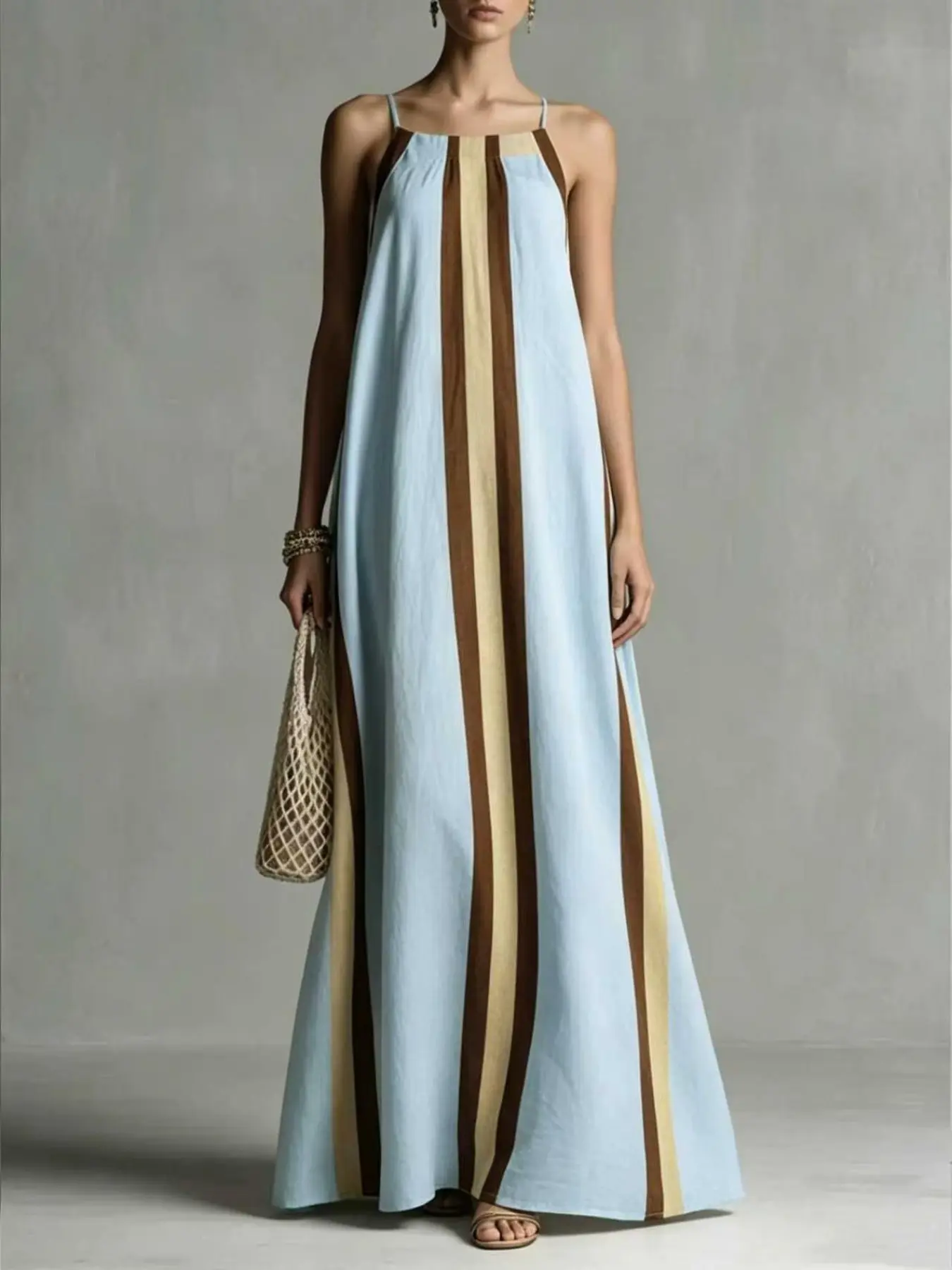 Vertical Stripe Thin Strap Long Dress Women, Square Neck Loose Hemp Beach Vacation Maxi Dress, Elegant Summer for Ladies