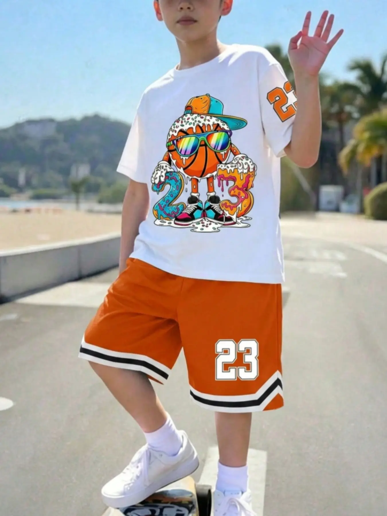 Boys' Basketball Sports Set, Cartoon 23 Number Print, Short Sleeve and Shorts Two-Piece Set, Casual Slim-Fitting Graphic