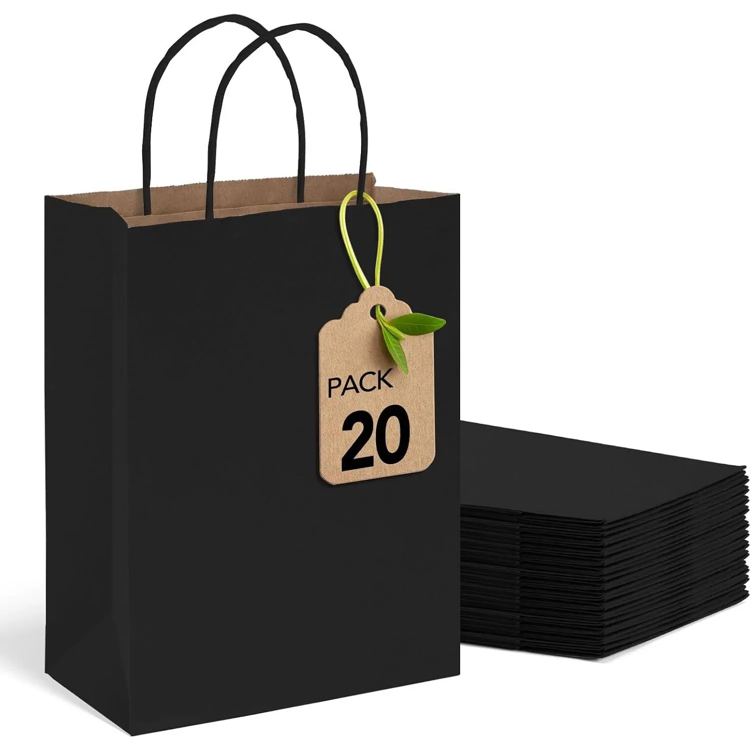 Black Gift Bags 8x4.25x10.5 Inch 20 Pack,Small Paper Shopping Bags with Handles Bulk,Heavy Duty Reusable for Business Grocery Birthday Wedding Kids Party Favors