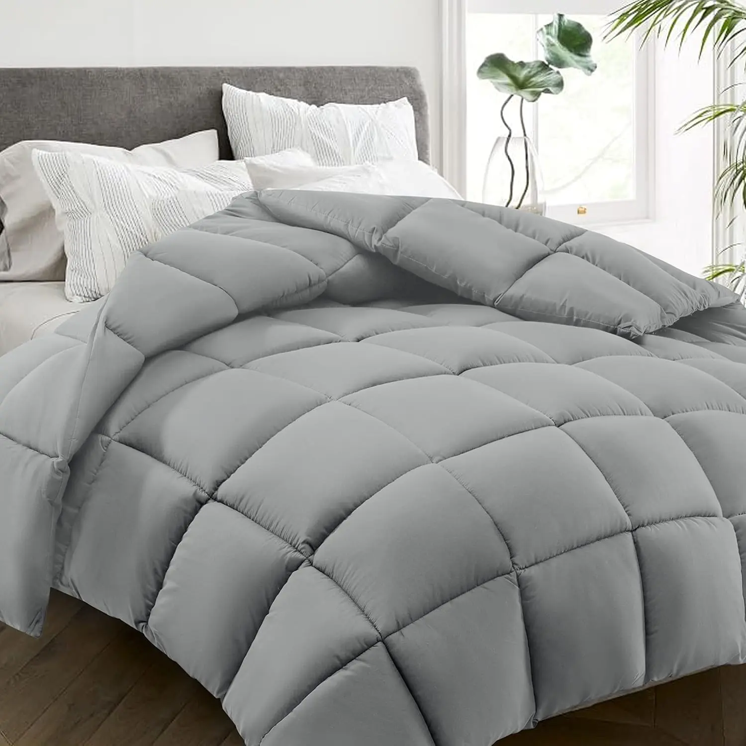 All Season Queen Size Bed Comforter - Cooling Down Alternative Quilted Duvet Insert with Corner Tabs - Winter Warm - Machine Washable - Light Grey