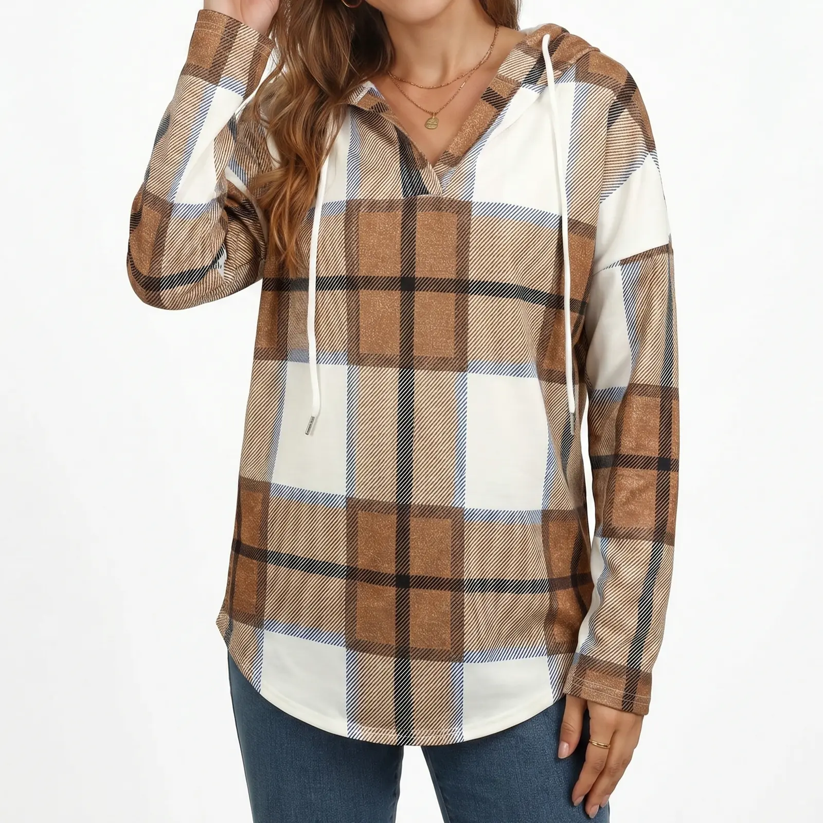 Women's Plaid Long-Sleeve Hoodie, Adjustable Drawstring Pullover, Comfortable Fabric Style for Casual Fall Wear, Longsleeves