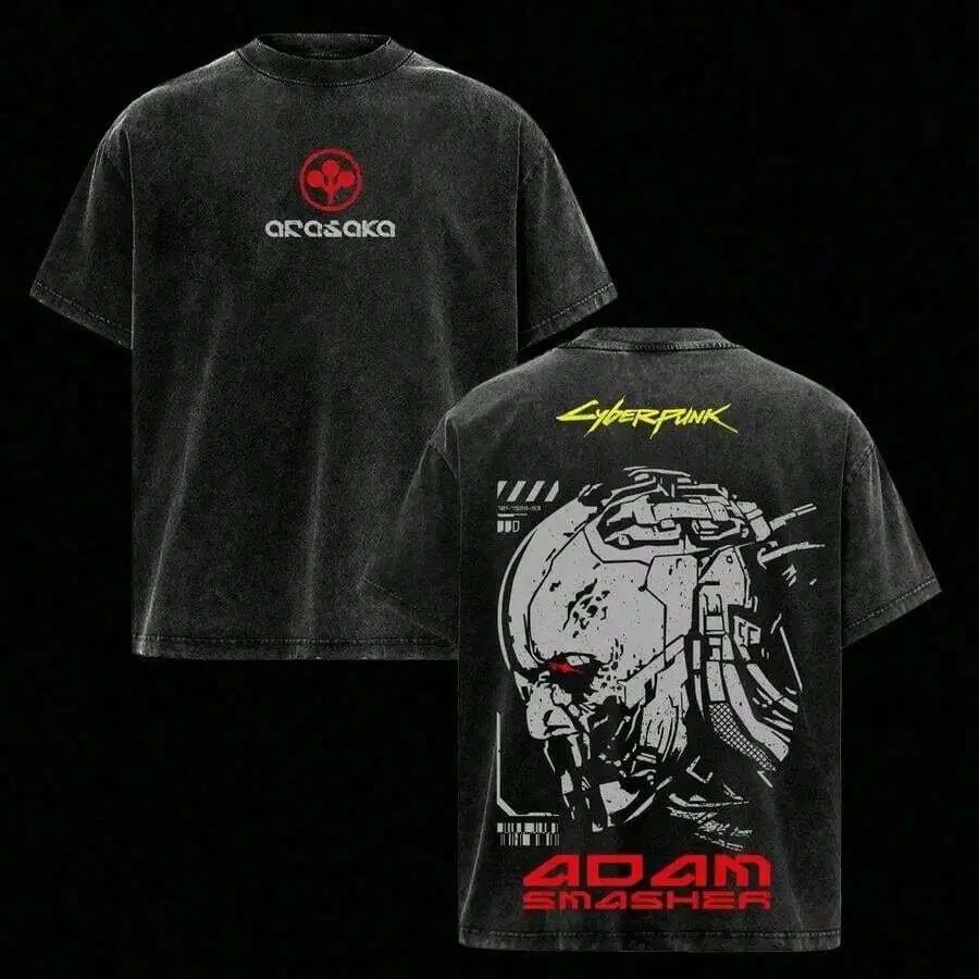 Trendy Urban Washed Cotton Cyberpunk Adam Smasher Robot Graphic T Shirt Retro Cyberpunk Game Art Relaxed Crew Short Sleeve Top Cyberpunk Fan Streetwear Daily Casual Outfit