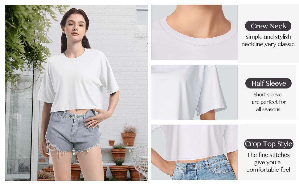 Women's basic cropped top, drop-shoulder T-shirt, short-sleeved, round neck, casual summer solid color cropped top