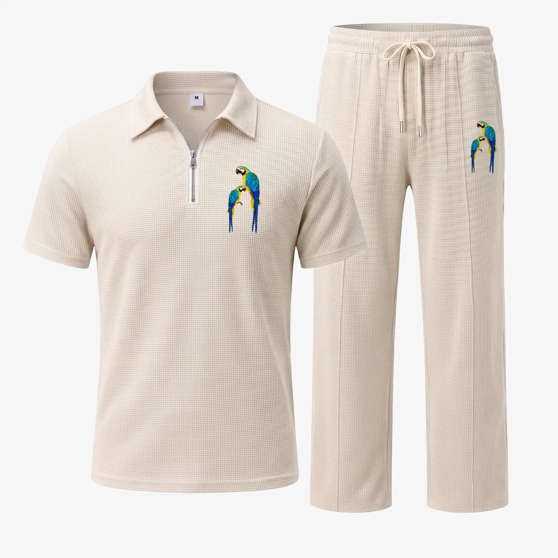 Men’s Parrot Graphic Waffle Fabric Zip Collar Polo Shirt and Pants Set, Short Sleeve Polo Top with Matching Drawstring Trousers, Casual Two Piece Outfit