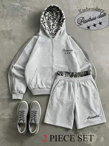 Men's Two-Piece Set, Leopard Print Hooded Jacket + Matching Drawstring Shorts, Loose Fleece Y2K Streetwear, Breathable Sportswear, Athletic Set