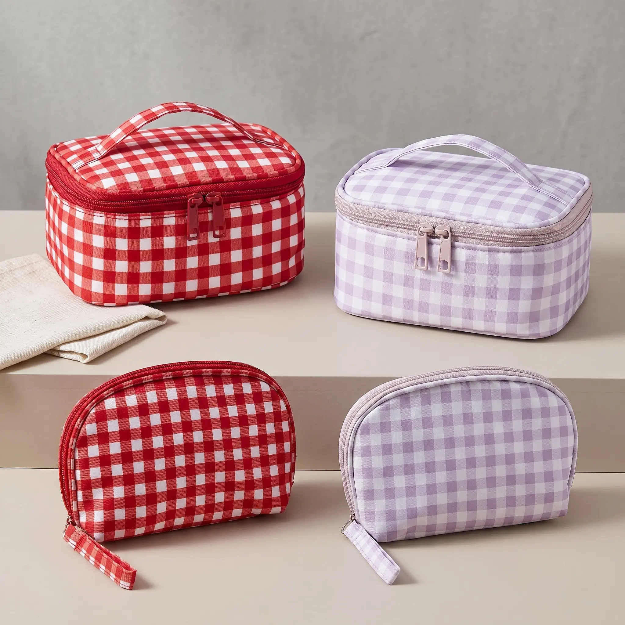 Cozy Red Plaid Flap Cover Makeup Bag, Ultra-Light Nylon Pouch, Minimalist Desk Organizer, Cute Checkered Pencil Case, Stylish Multi-Functional Packable Travel Essential Zipper Storage For Daily Use