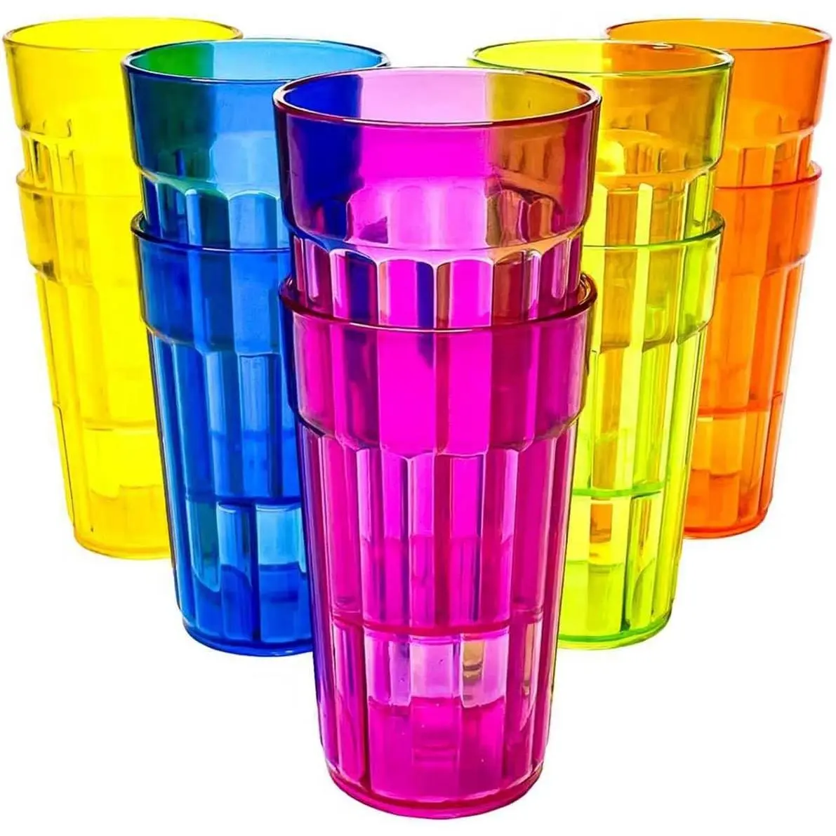 10 oz Highball Plastic Drinking Glasses Set of 10 - Kids-Friendly, Colorful, Unbreakable, Reusable, Dishwasher Safe Tumblers with 5 Assorted Solid/Stripe Designs for Party Water & Juice, Cylindrical