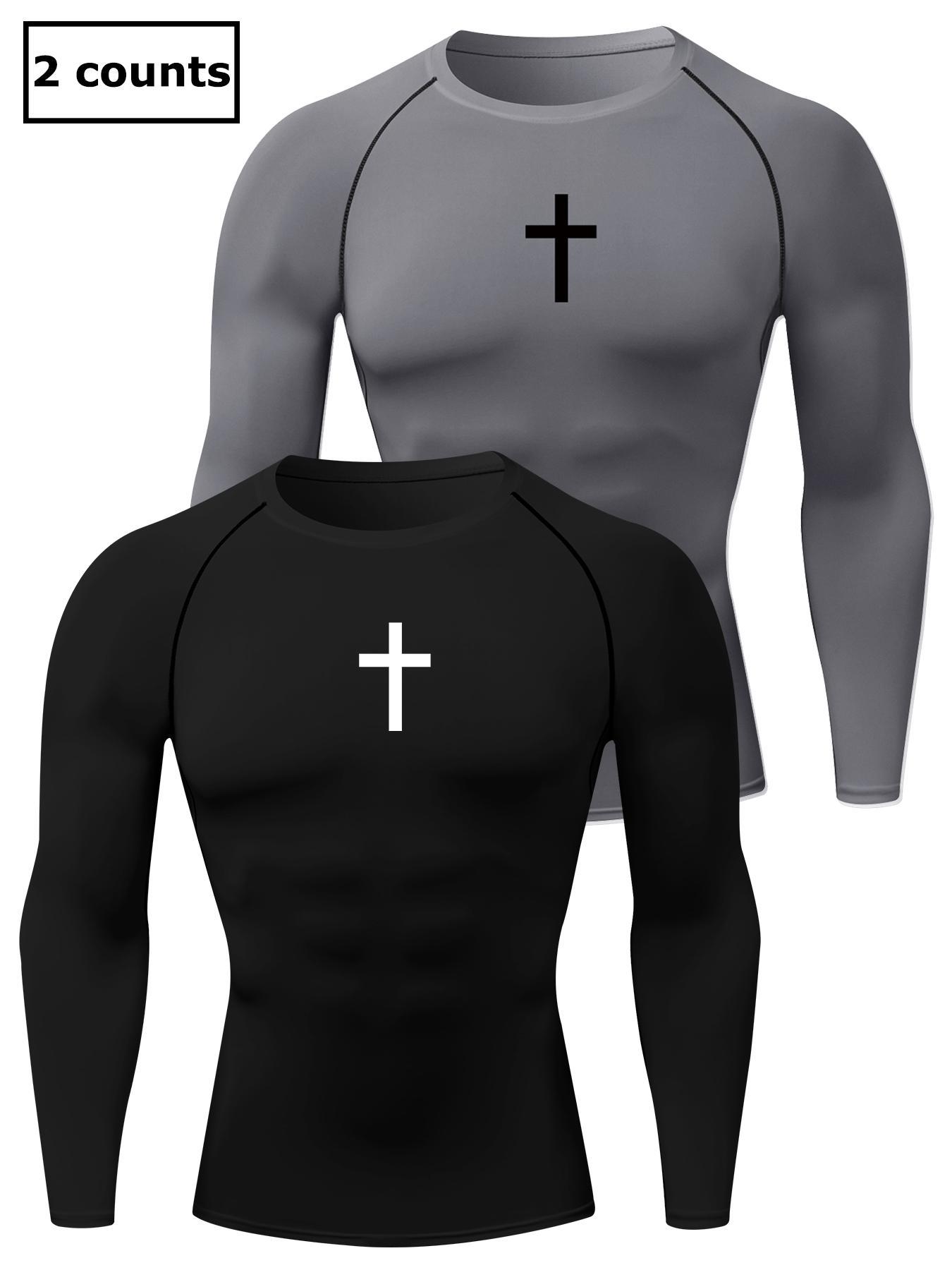 Men's Cross Print Round Neck Sports Tee, Tight Sporty Quick Drying Breathable Long Sleeve T-shirt, Men's Sportswear for Spring & Fall Gym Workout, Athletic Style High Performance Activewear