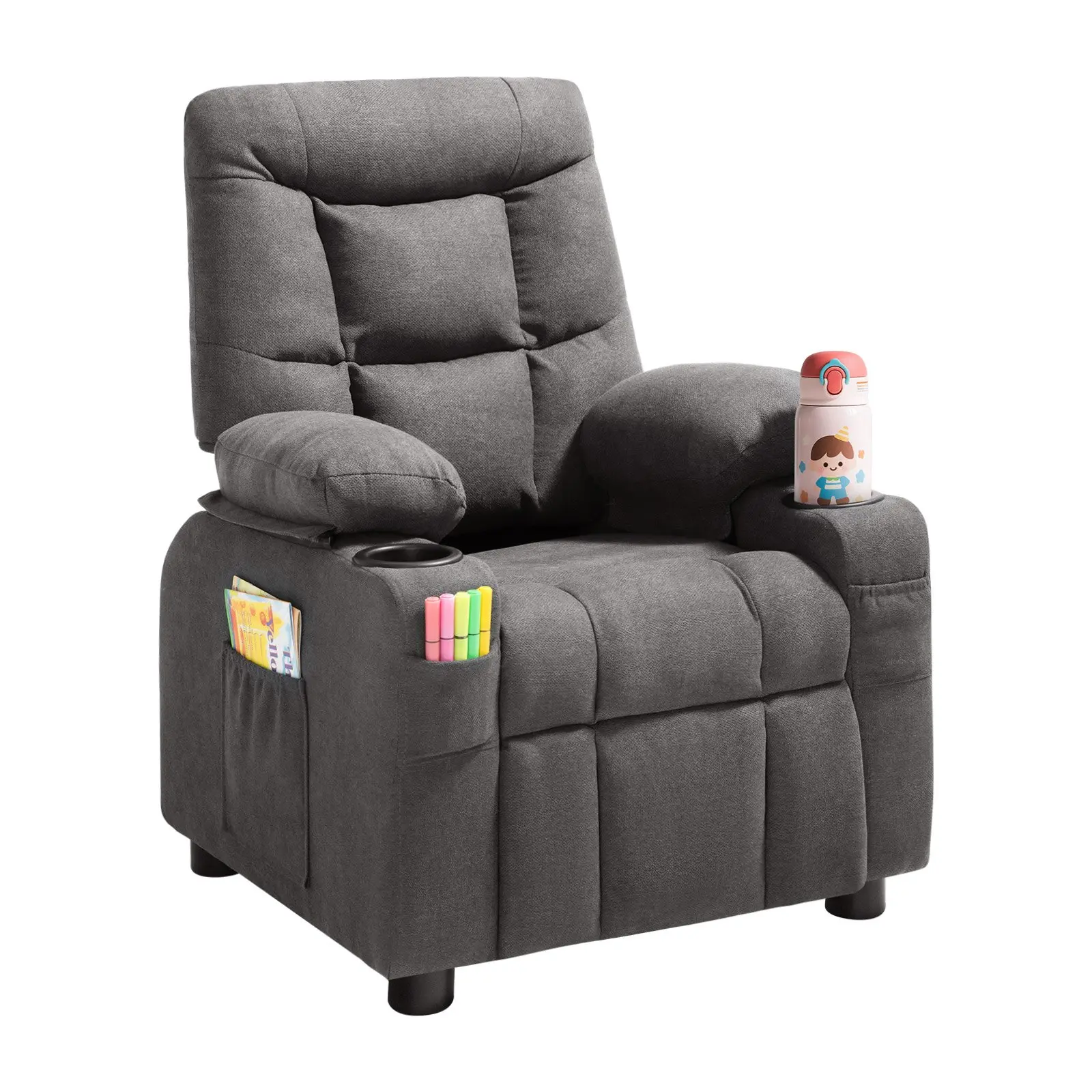 Kids Recliner Chair, Toddler Lounger with Cup Holders Pockets, 107 to 126 Adjustable Back, Breathable Polyester Upholstery Reclining Sofa with Foot-rest, for Boys and Girls, Children (Gray)
