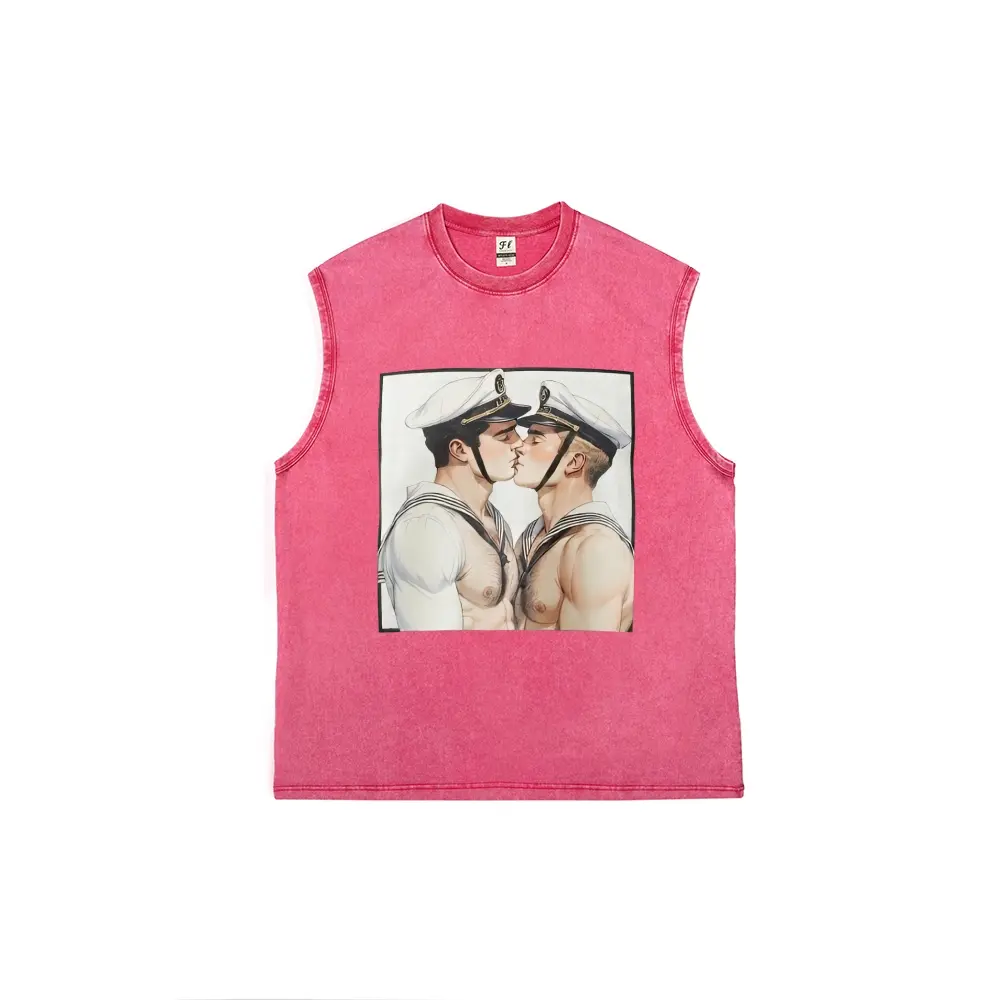 Men's Vintage Washed Cotton Tank Top - Aesthetic Retro Sailor Couple Kiss Graphic, Unisex Cut-Off Muscle Apparel, LGBTQ Pride Casual Beach Streetwear, Loose-Fit Sleeveless Fabric, Multiple Colors Available, Oversized