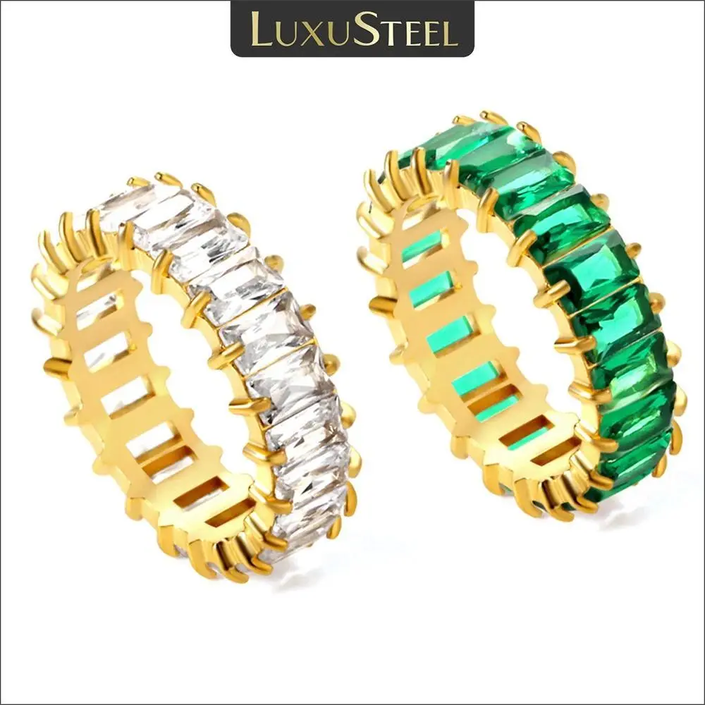 Women's LUXUSTEEL Luxury Natural Crystal Ring, Metal Plated Gold Stainless Steel Jewelry, White & Green Cubic Zirconia, Waterproof Jewelry for Females
