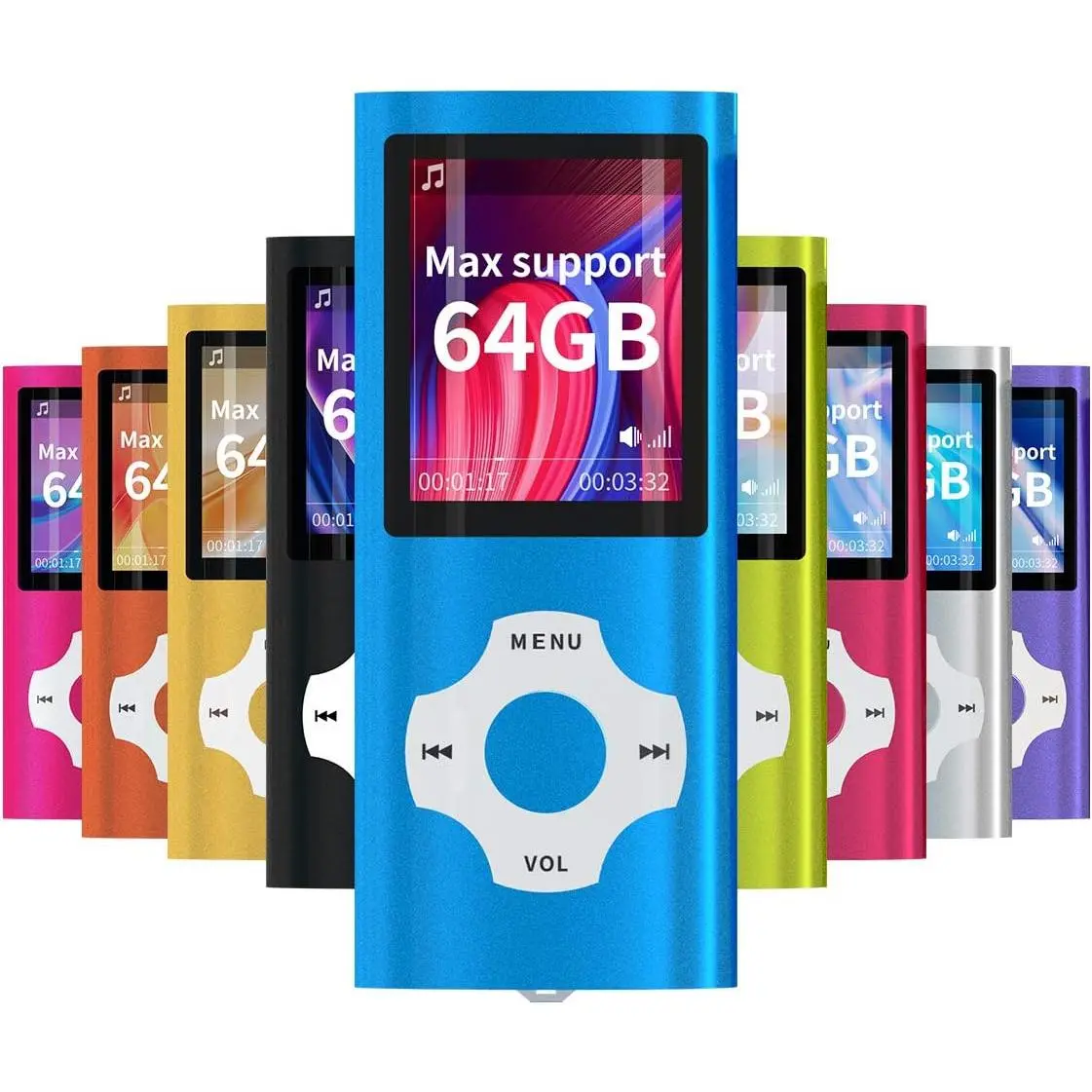 MP3/MP4 Portable Player, with a 1.8-inch LCD screen and a card slot, supporting up to 64GB TF cards, in dark blue.