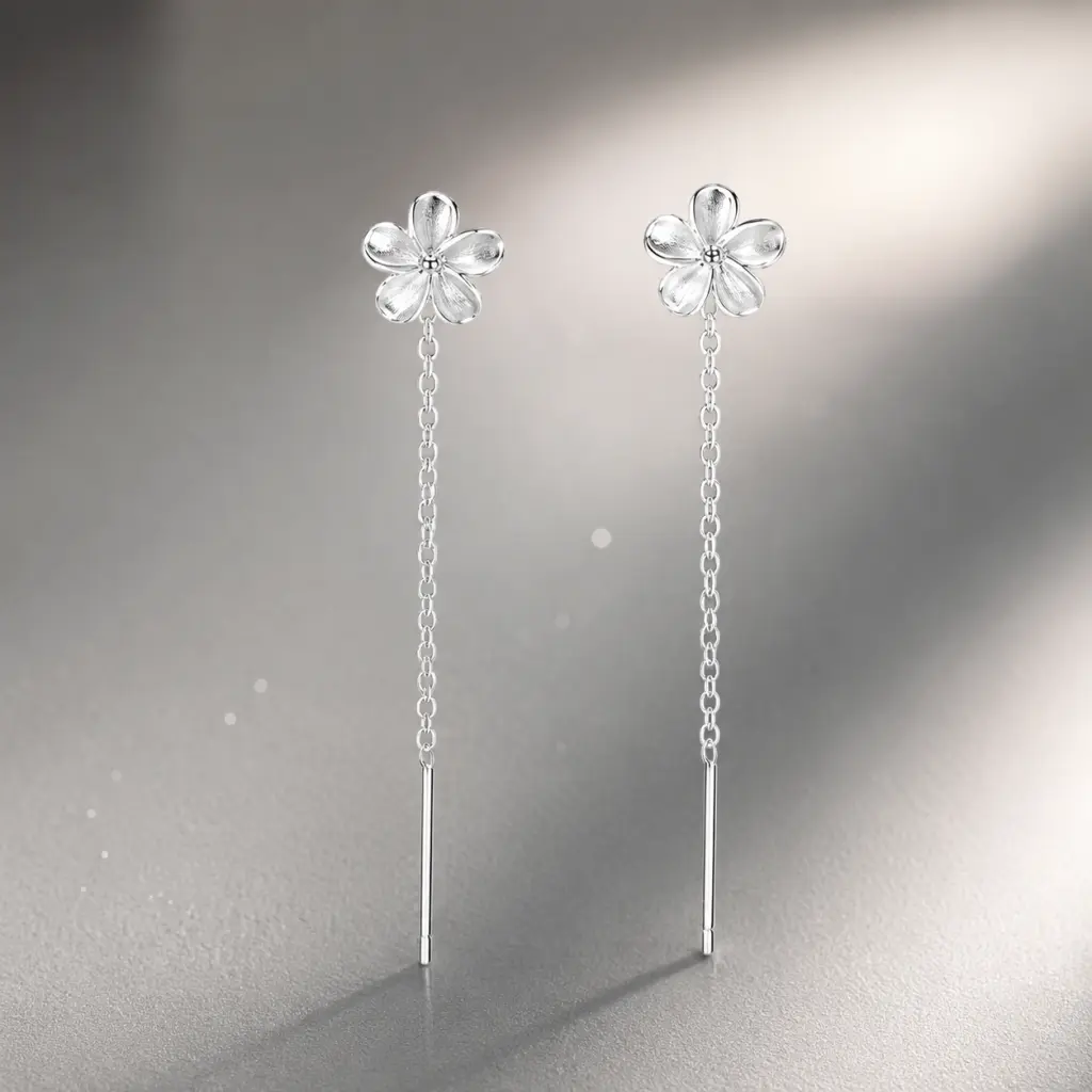 Delicate Flower Long Tassel Dangle Earrings for Women, S925 Silver Plated Hypoallergenic Ear Line Jewelry, Premium Polished Anti-Oxidation Lightweight Drop Earrings, Elegant Minimalist Stylish Accessory for Daily Party Wedding Birthday Holiday Fashion Gif