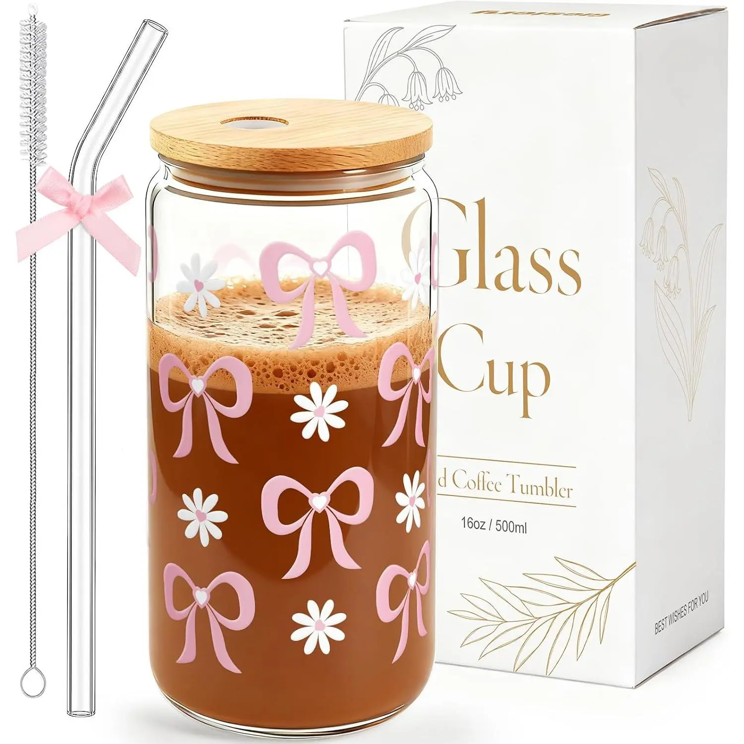 ‌Preppy  Bow Glass Cup with  and Straws - Trendy Cute Aesthetic Tumbler for Teen Girls Women Birthday Valentines Christmas, Iced Coffee Cup  Set (16oz)