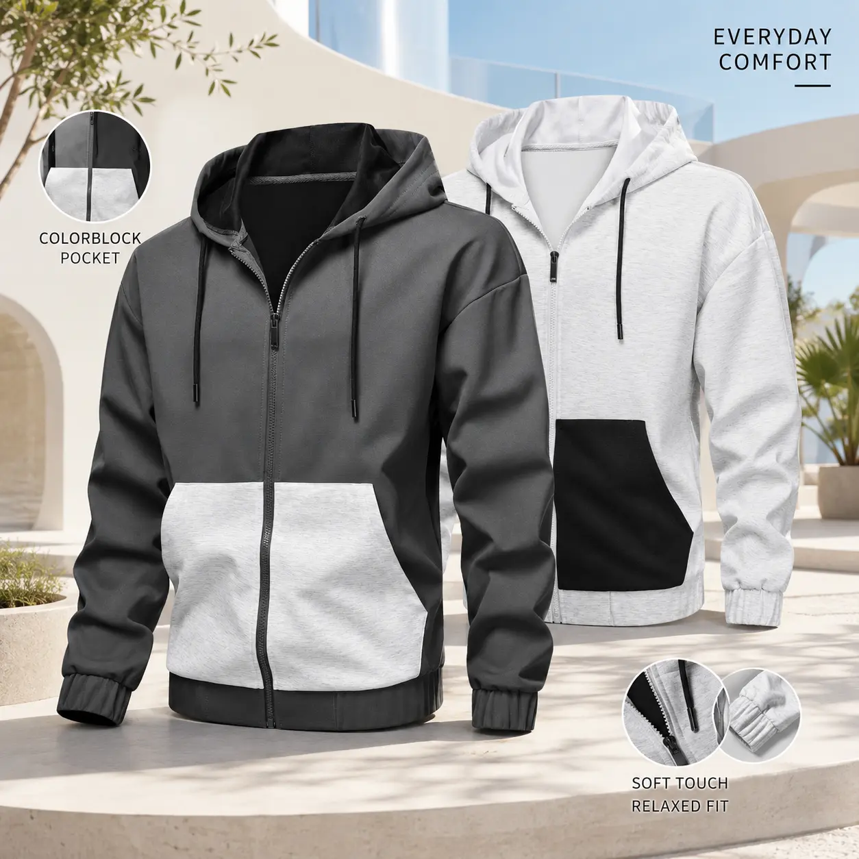 Two-Tone Full Zip Hooded Jacket Long Sleeve Elastic Cuff Loose Daily Running Outerwear
