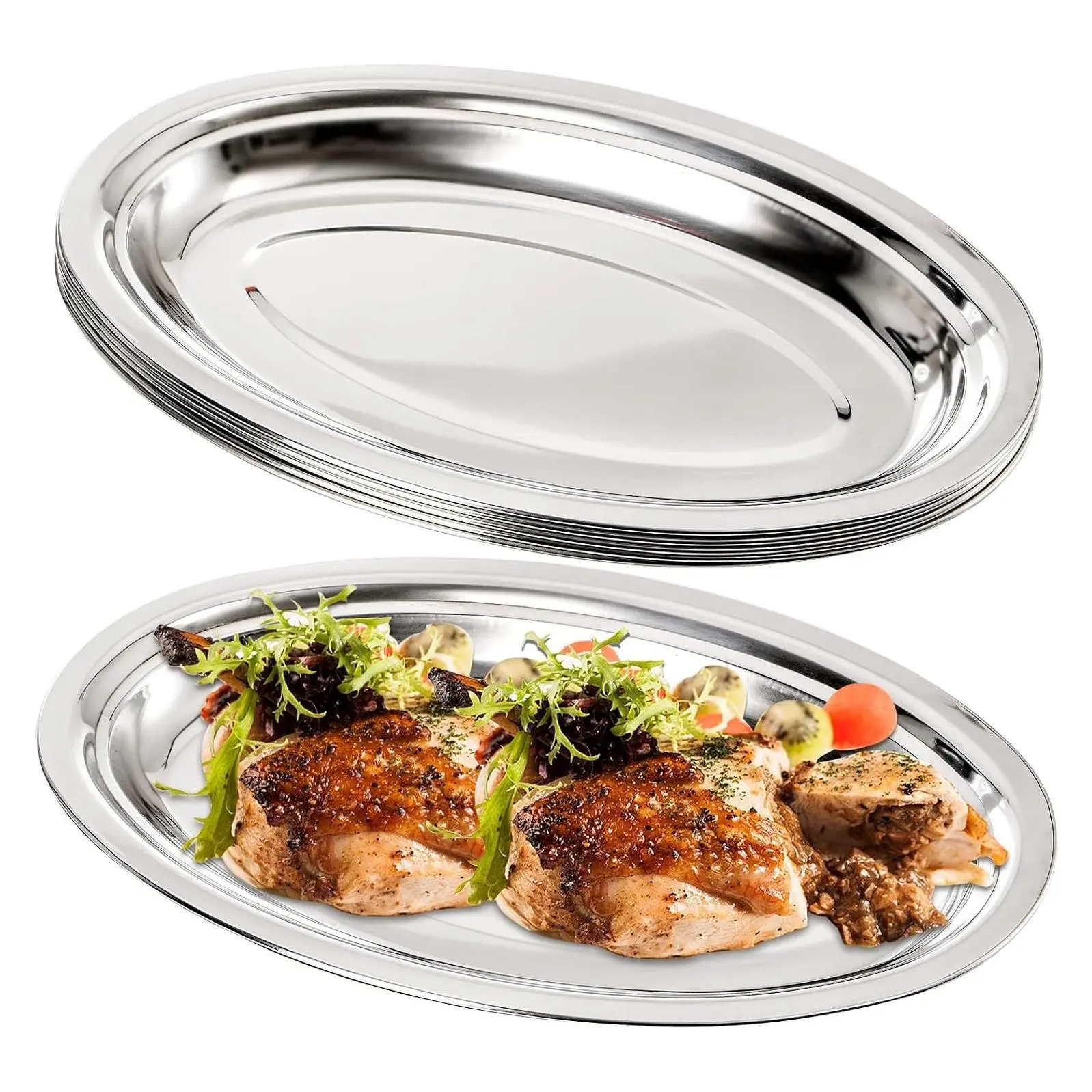 6 Pack Stainless Steel Oval Platter, Heavy Duty Mirror Polish Large Sizzling Platter Serving Tray Fish Plate for Steaming Fish Dessert Meat Sushi, 14-Inch by 8.7-Inch, SilverGift