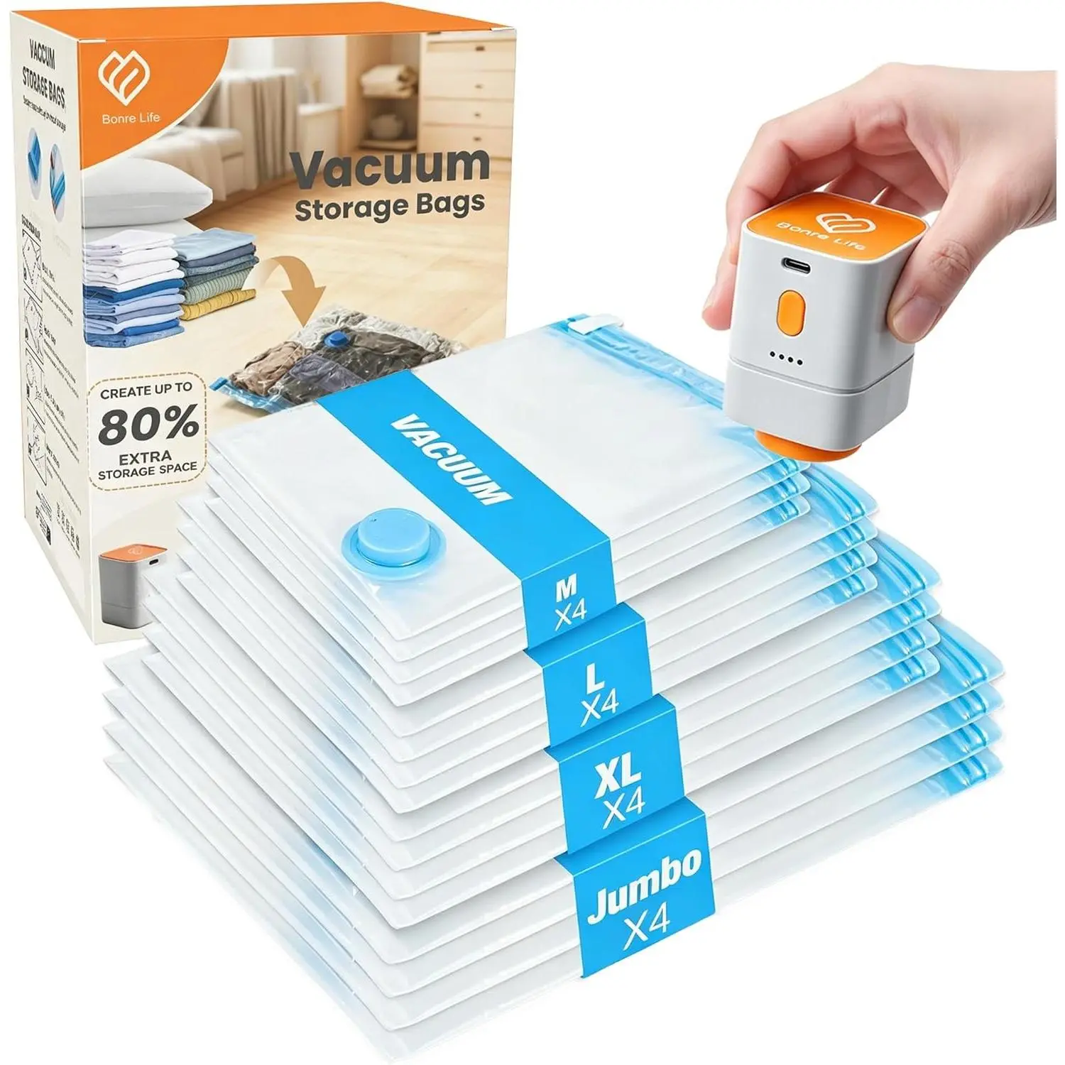 Vacuum Storage Bags with Rechargeable Cordless Pump, 16-Pack Space Saver Bags for Blankets, Clothes & Bedding, Reusable Compression Bags in 4 Large Sizes (M–Jumbo), Long-Side OpeningGift