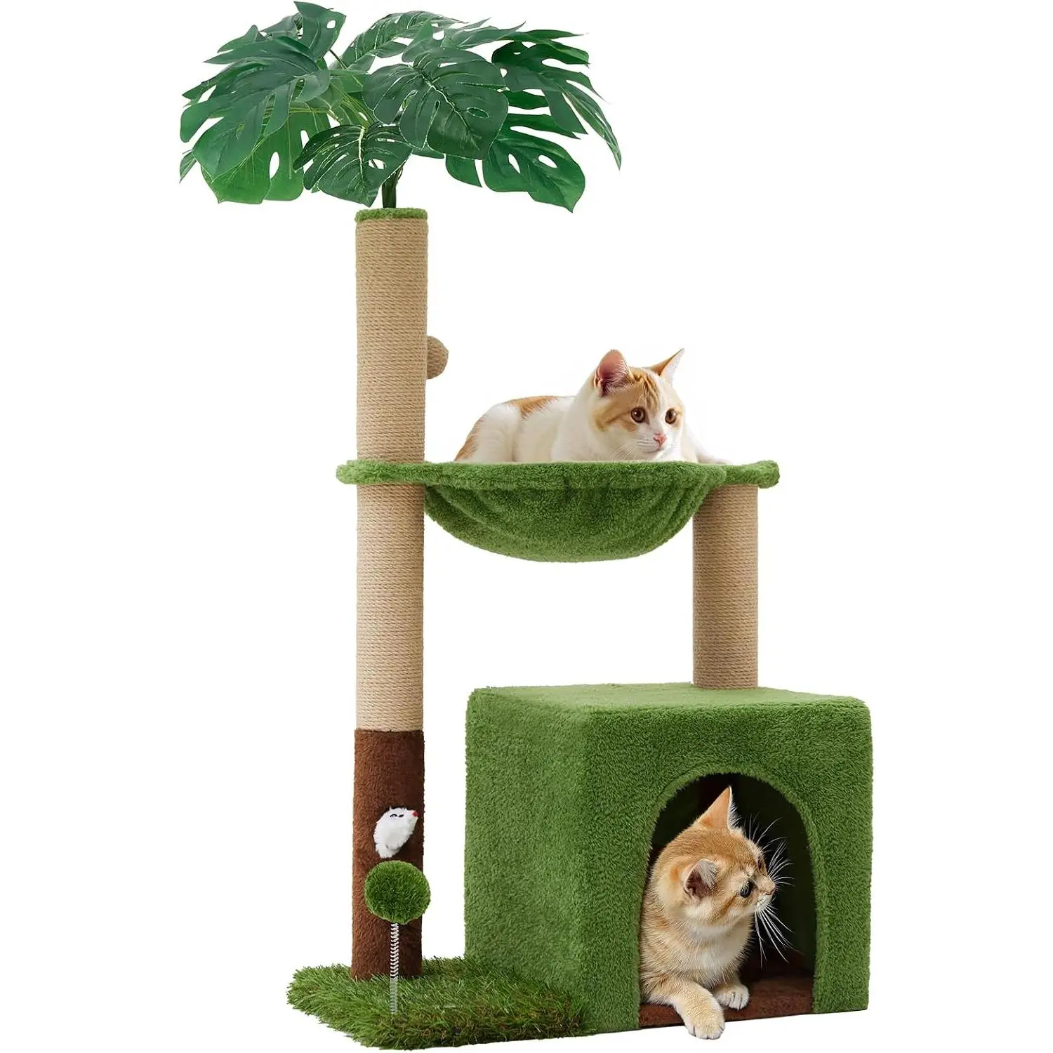 Palm Tree  Tree 37 Inch   Tower Tropical Jungle Playground with  Jute Sisal Rope Cozy Plush Hammock Private Cave Condo    Faux Grass Base