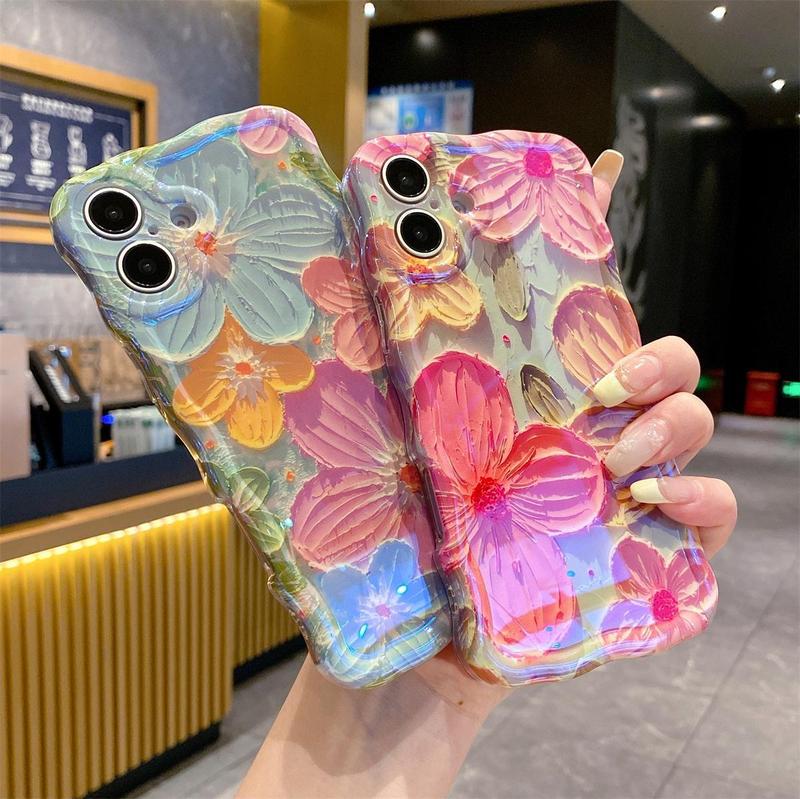 Colorful Retro Oil Painting Floral Case for iPhone 17 16 15 14 13 12 11 Pro Max ,Flower Pattern Cute Curly Wave Frame Phone Case Camera Protection, Soft Protective Cover for Girls & Women