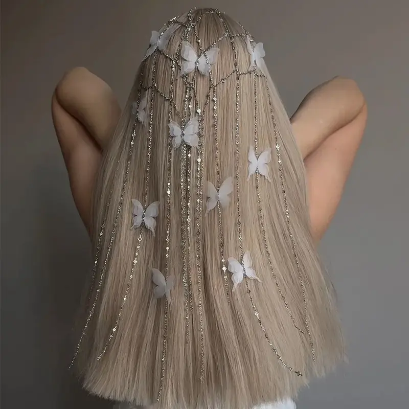 New Butterfly Hollow Out Rhinestone Tassel Hair Chain Headband for Women, Elegant Boho Forest Style Sparkly Crystal Bridal Headpiece, Fairy Woodland Hair Jewelry for Wedding Evening Party Formal Occasions